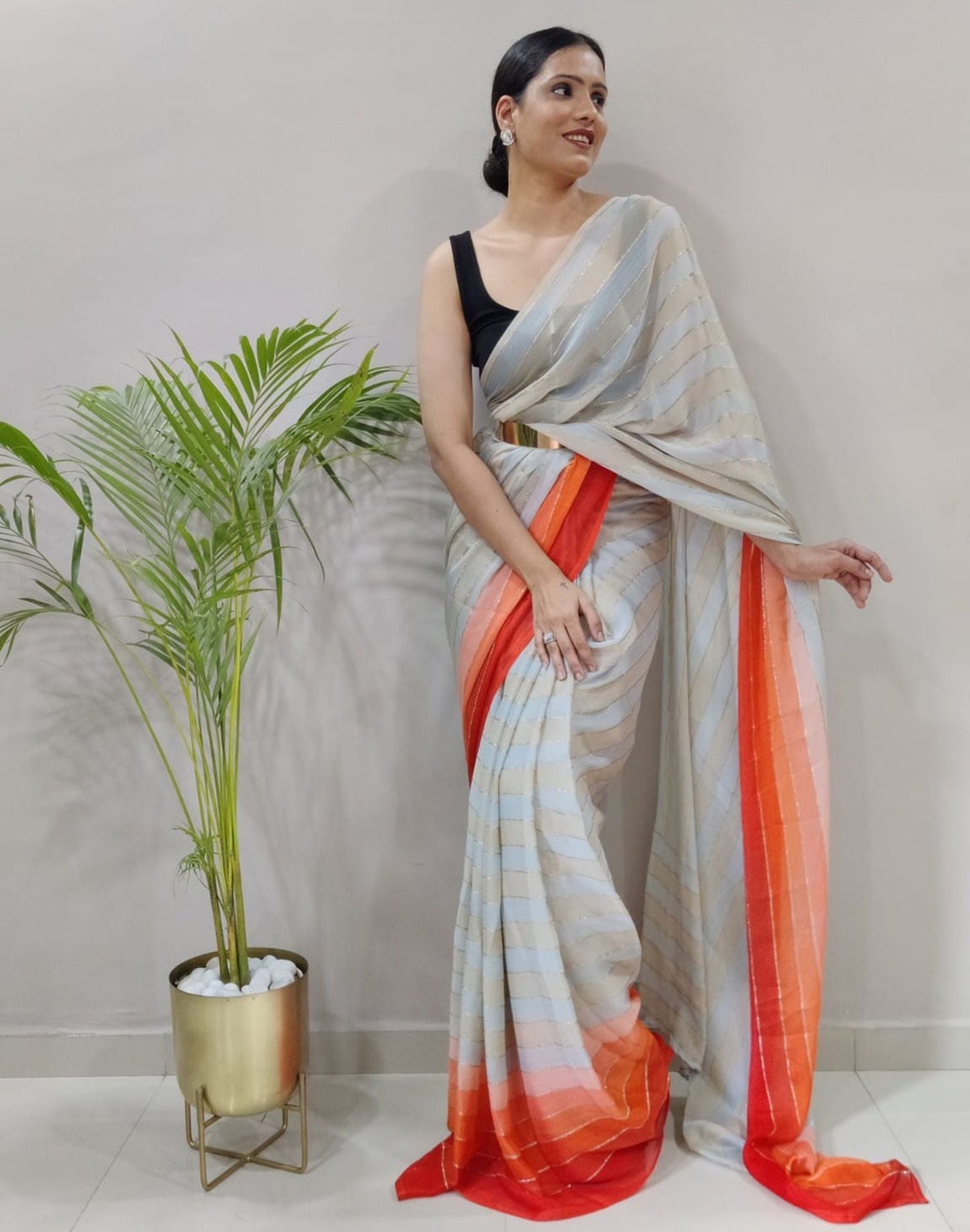 Off White Printed Pre-draped Saree