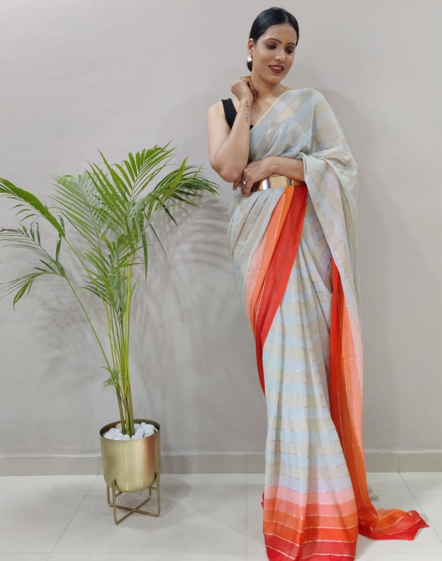 Off White Printed Pre-draped Saree