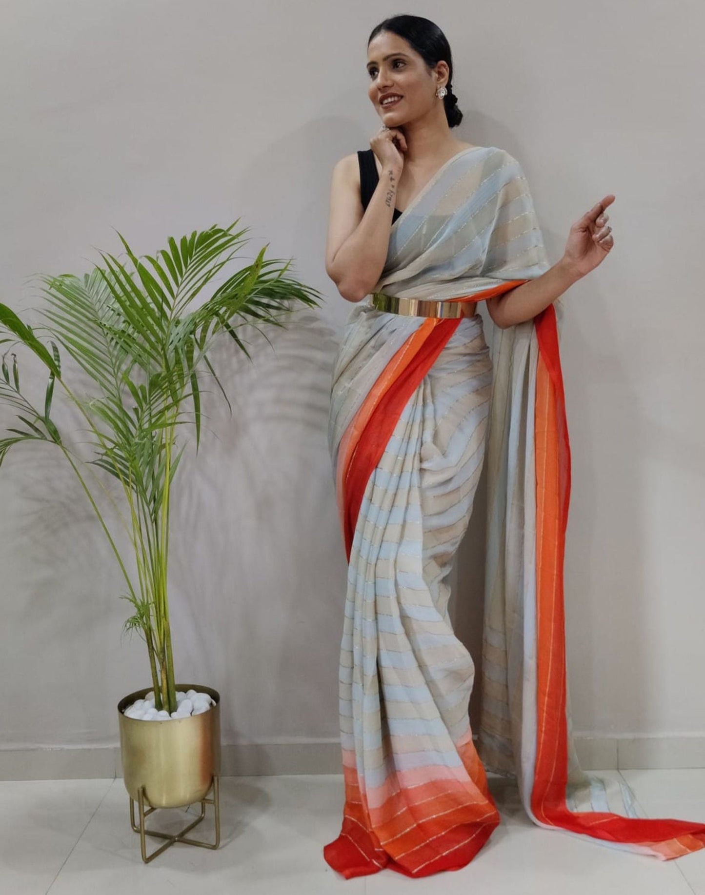 Off White Printed Pre-draped Saree