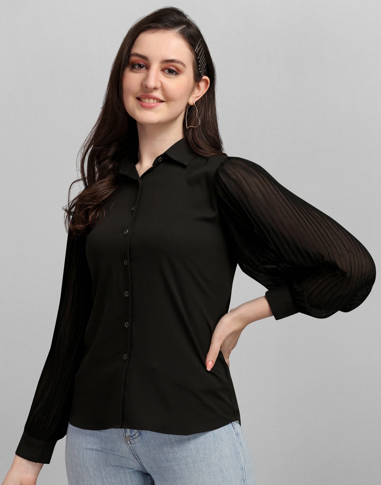 Black Pleated Sleeve Shirt