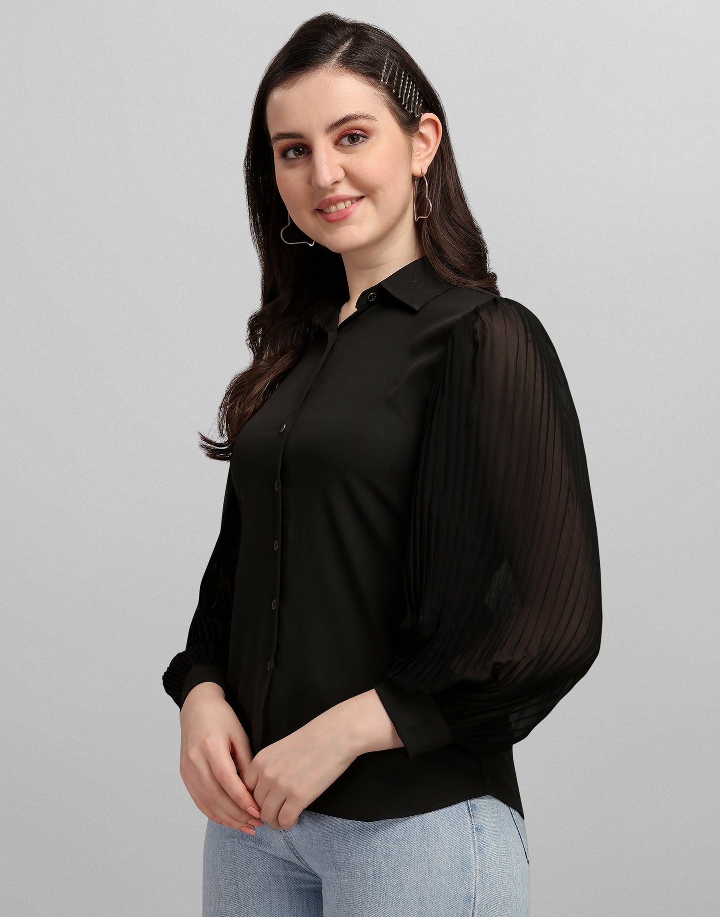 Black Pleated Sleeve Shirt