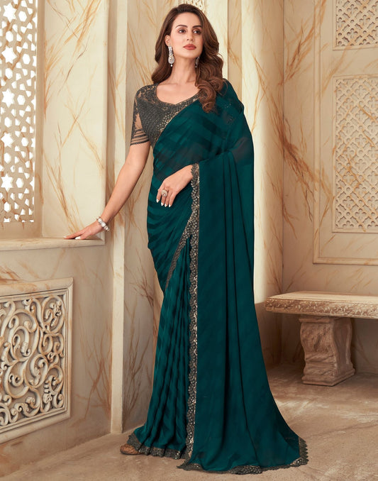 Green Chiffon Plain Woven Saree