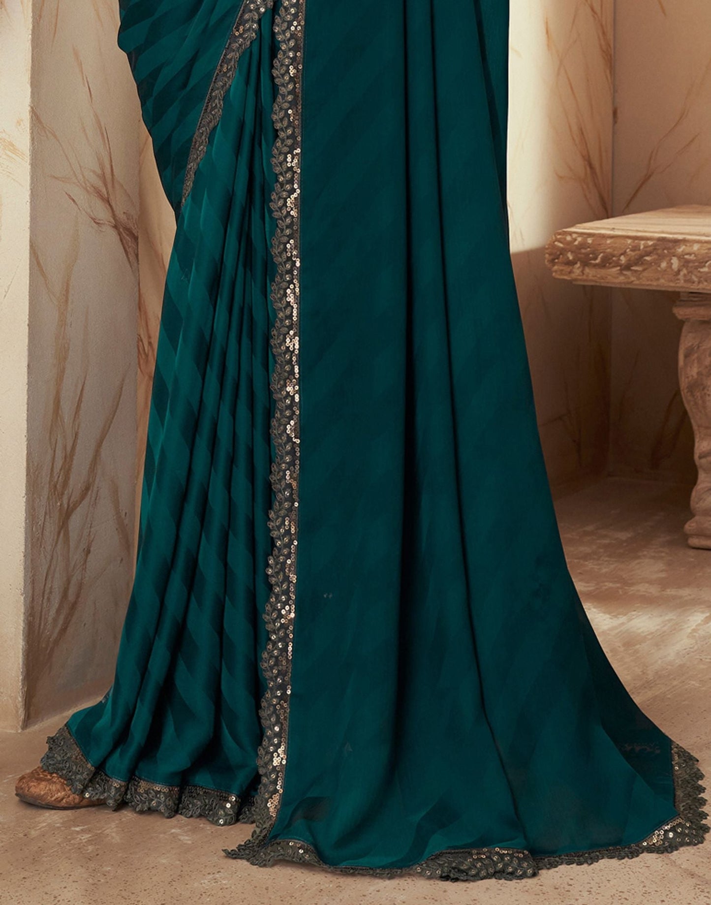 Green Chiffon Plain Woven Saree