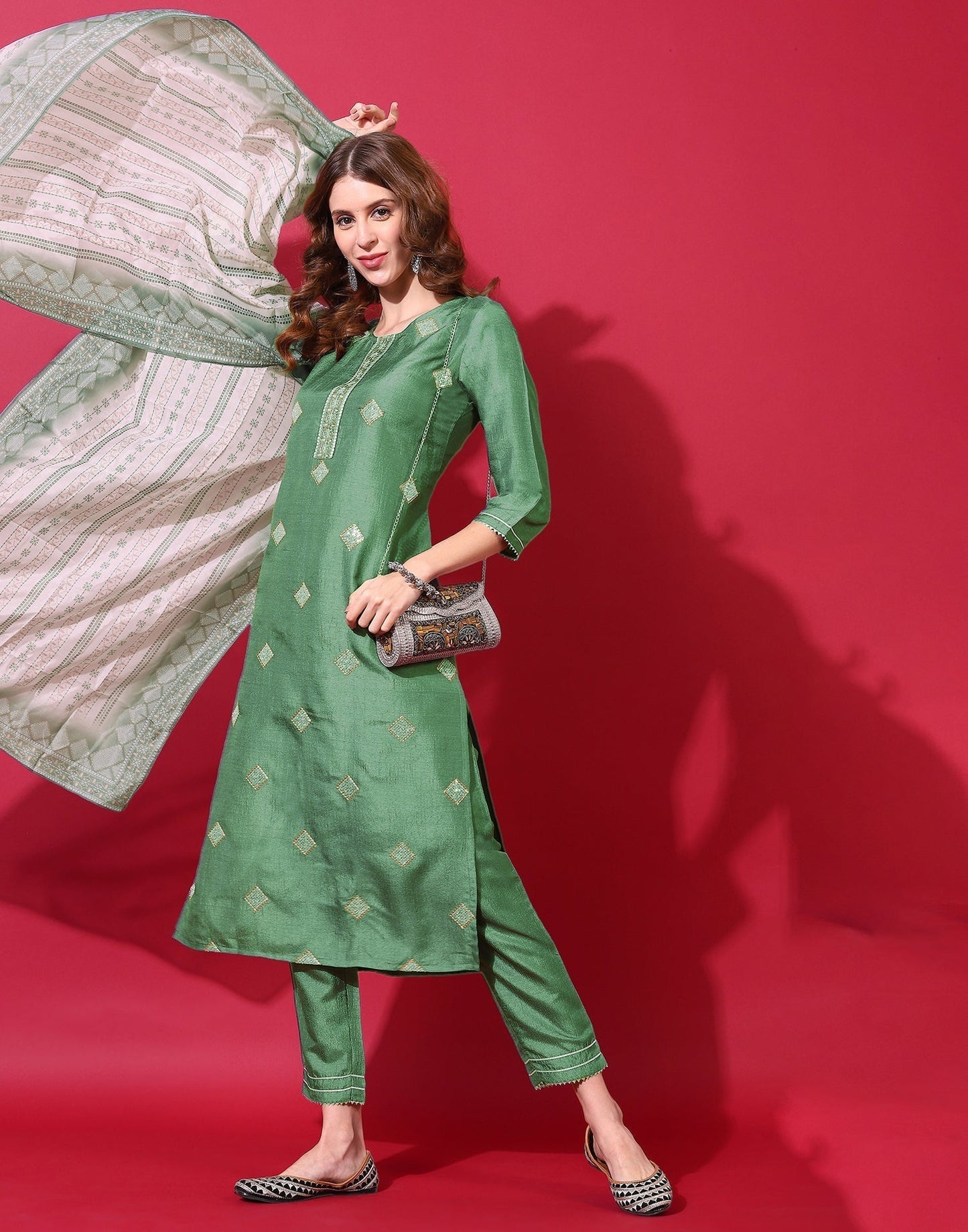 Green Kurti With Pant And Dupatta