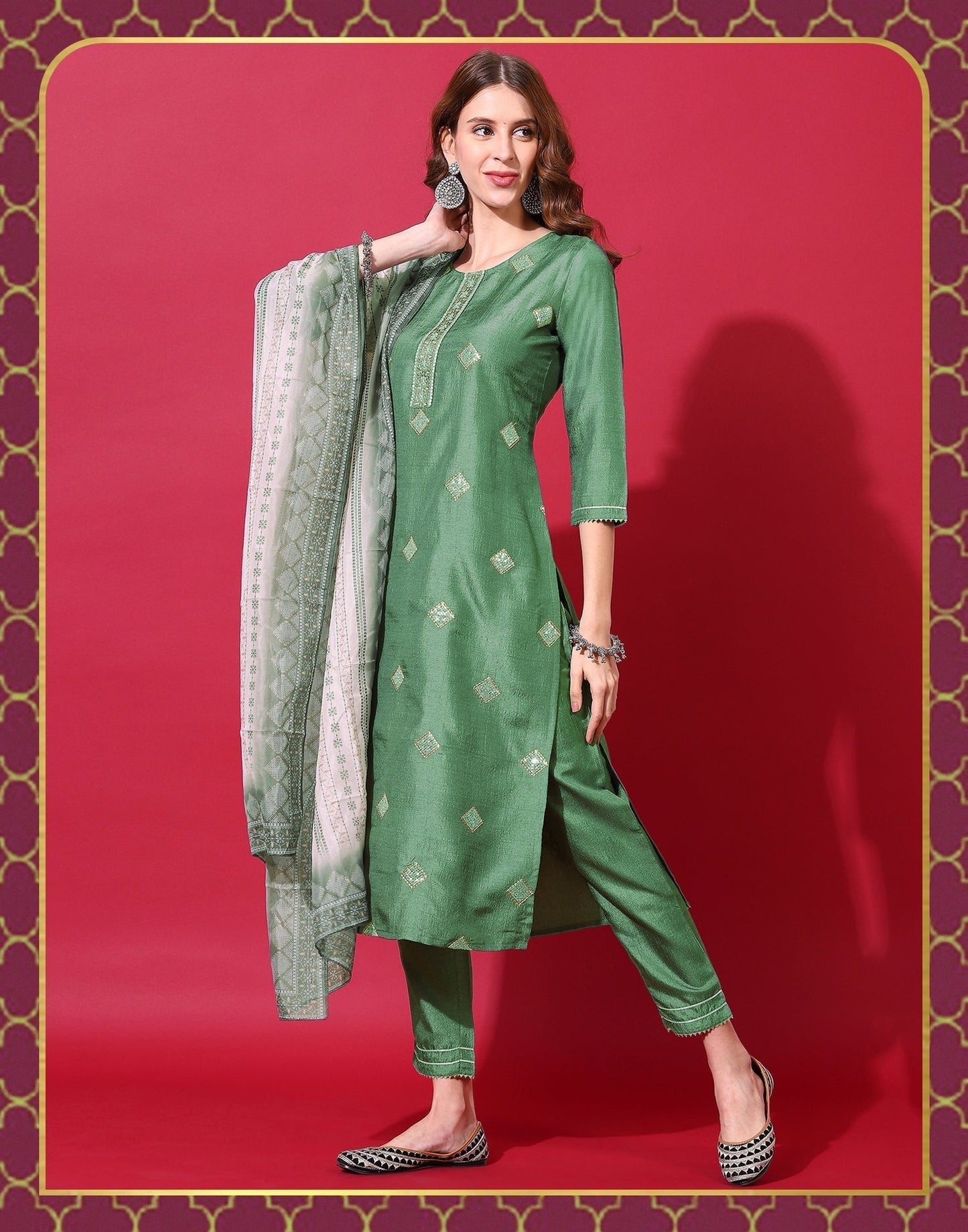 Green Kurti With Pant And Dupatta