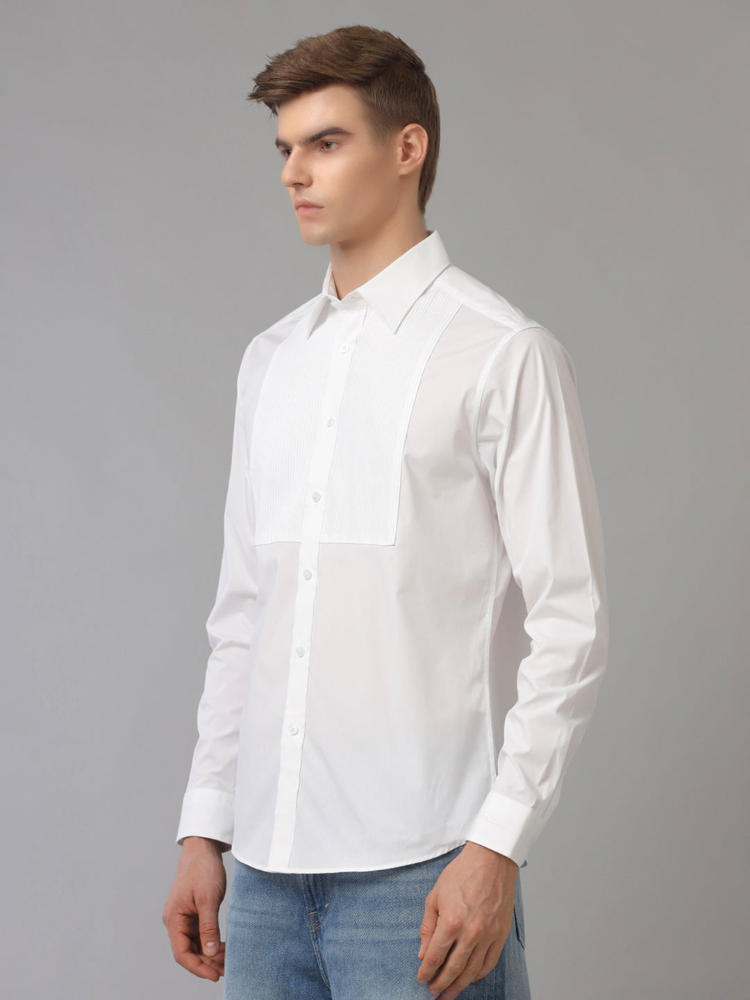 Aldeno Mens Regular Fit White Formal Cotton Stretch Bib Shirt (CASP)