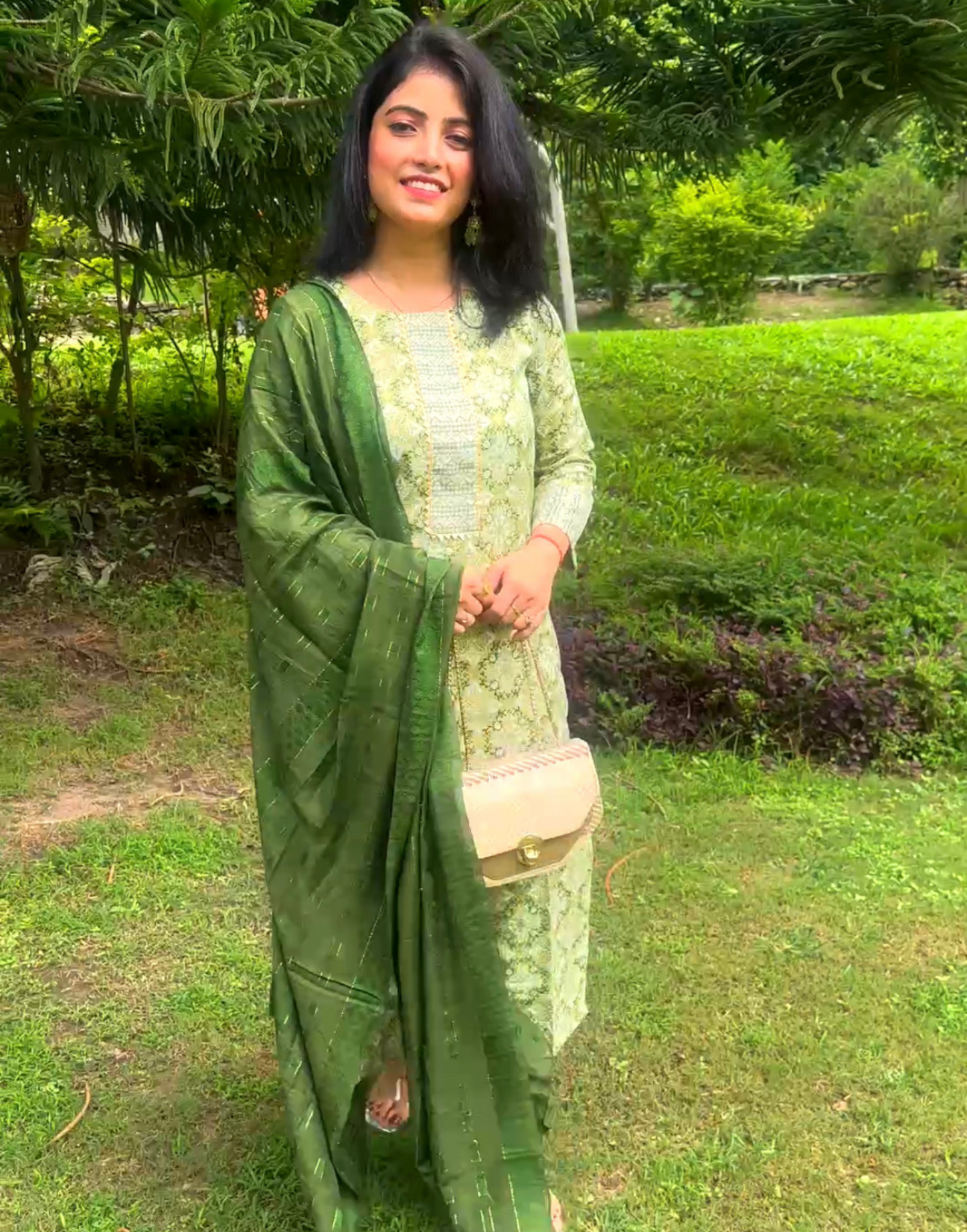 Green Cotton Printed Straight Kurta Kurti With Pant And Dupatta