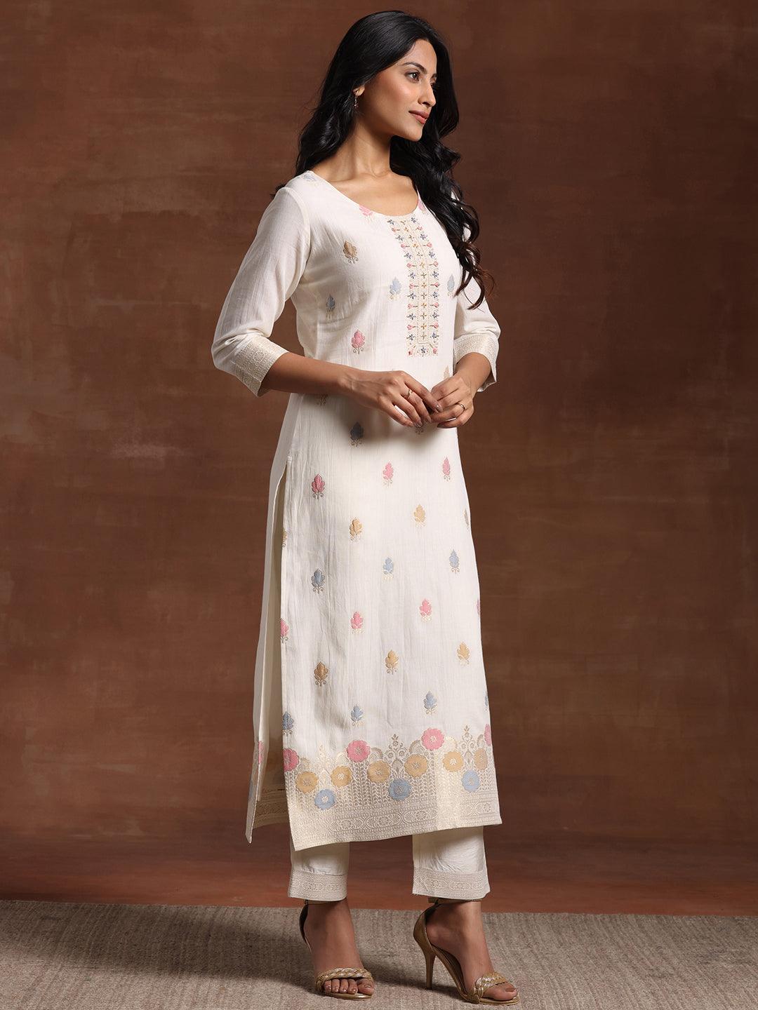 Off White Woven Design Cotton Straight Suit With Dupatta