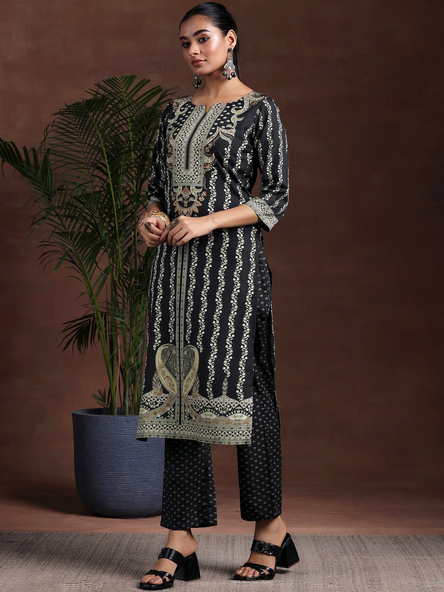 Black Printed Poly Crepe Straight Suit With Dupatta