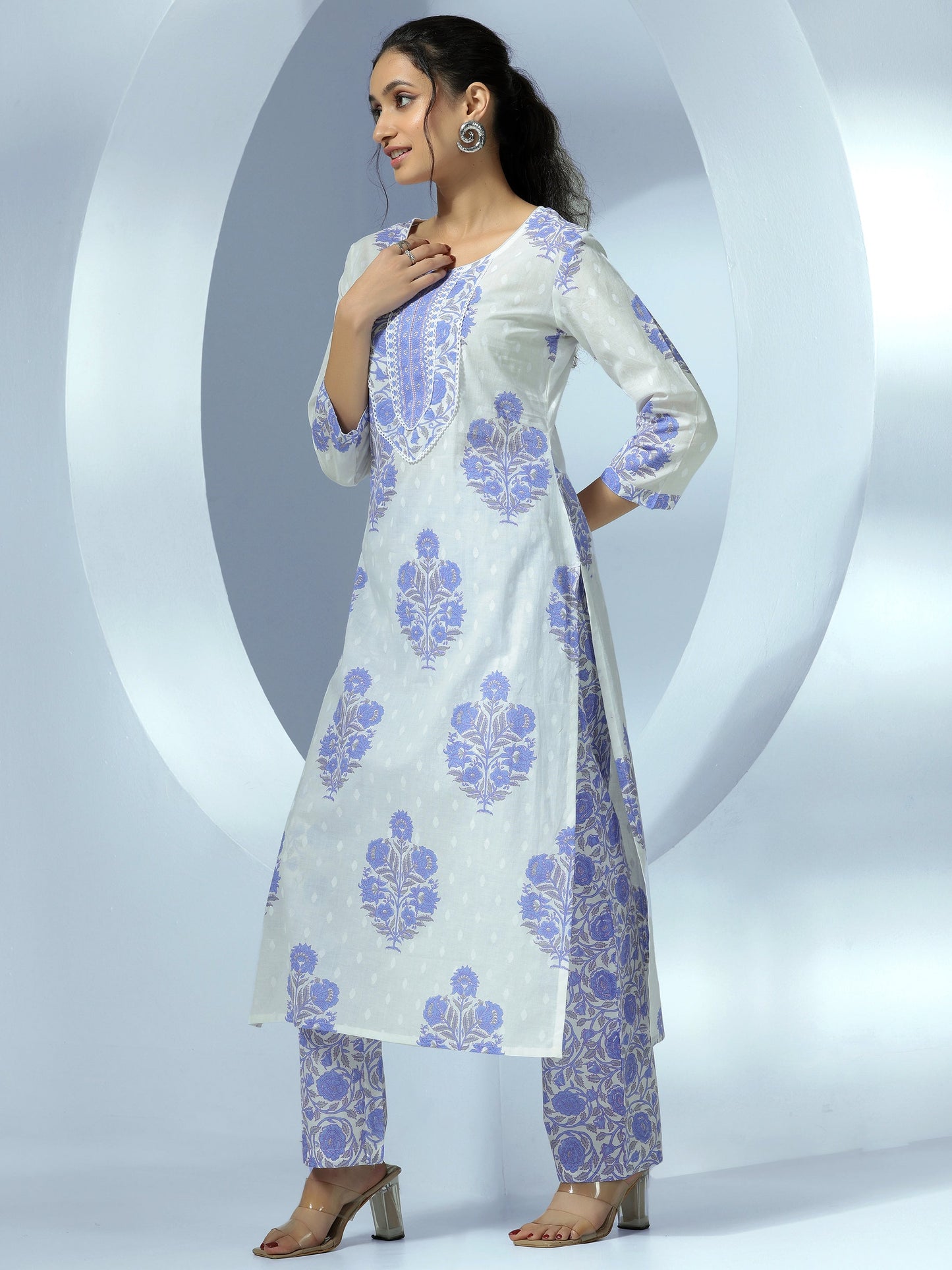 Off White Printed Cotton Straight Suit With Dupatta