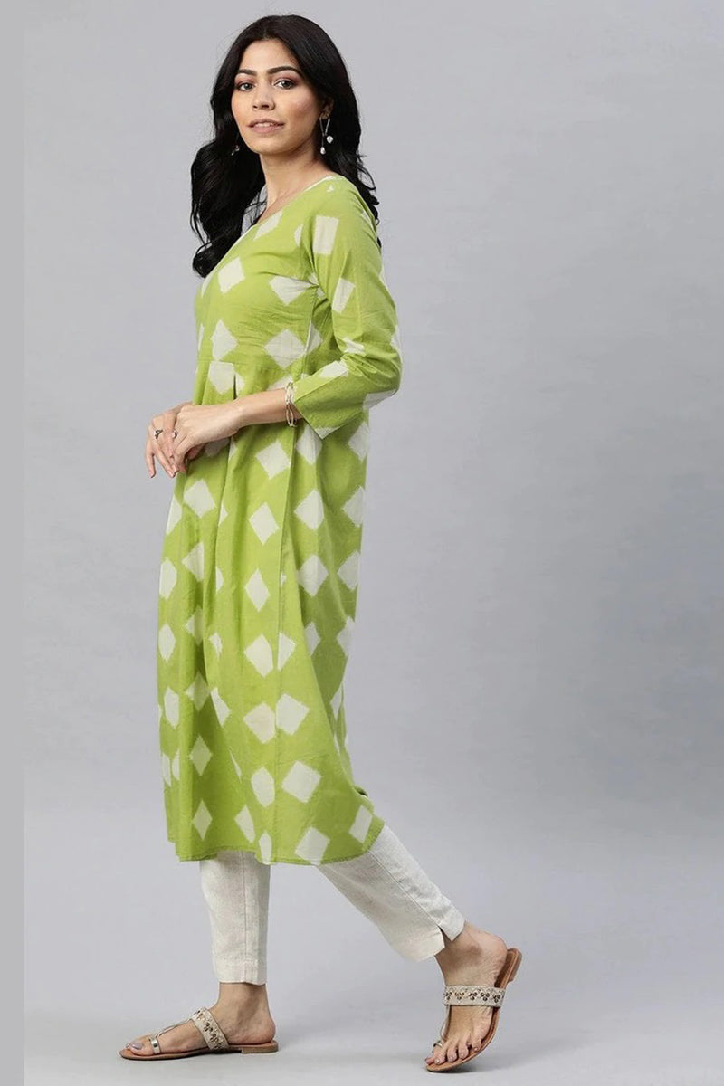 Green And White Cotton Printed A Line Kurta VCK1763E