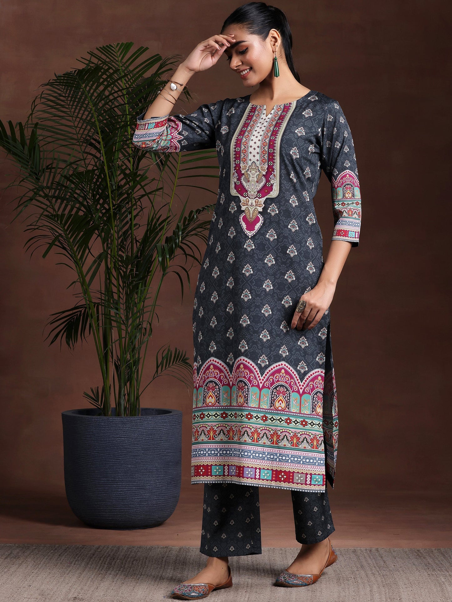 Black Printed Poly Crepe Straight Suit With Dupatta