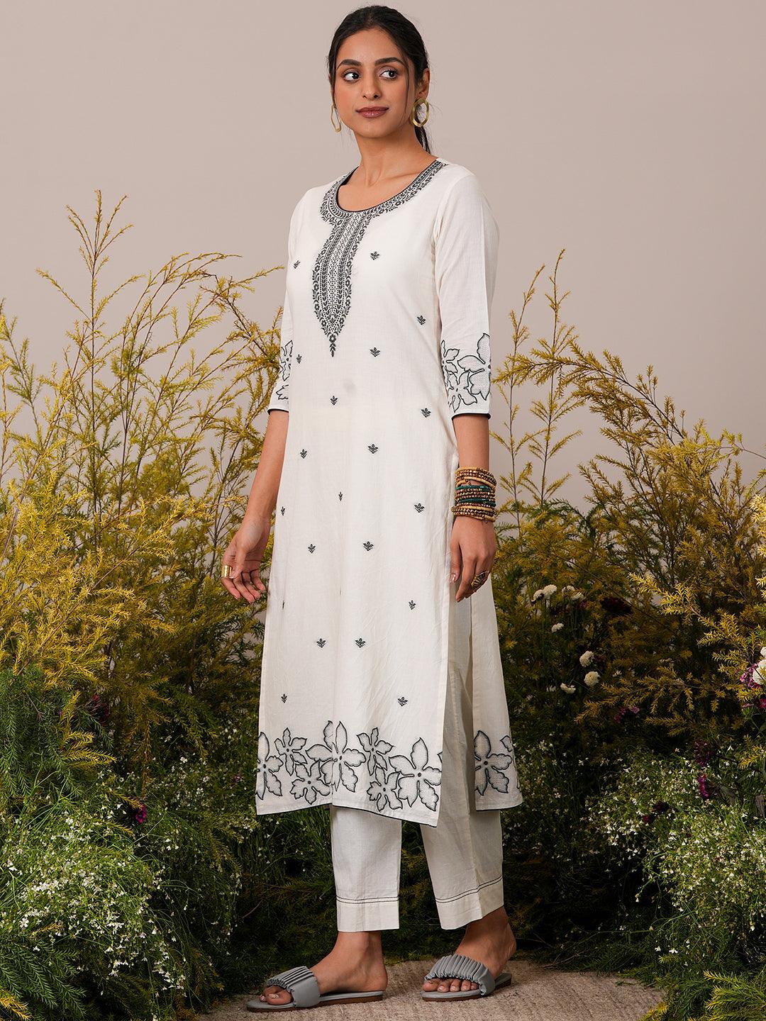 Off White Woven Design Cotton Straight Suit With Dupatta