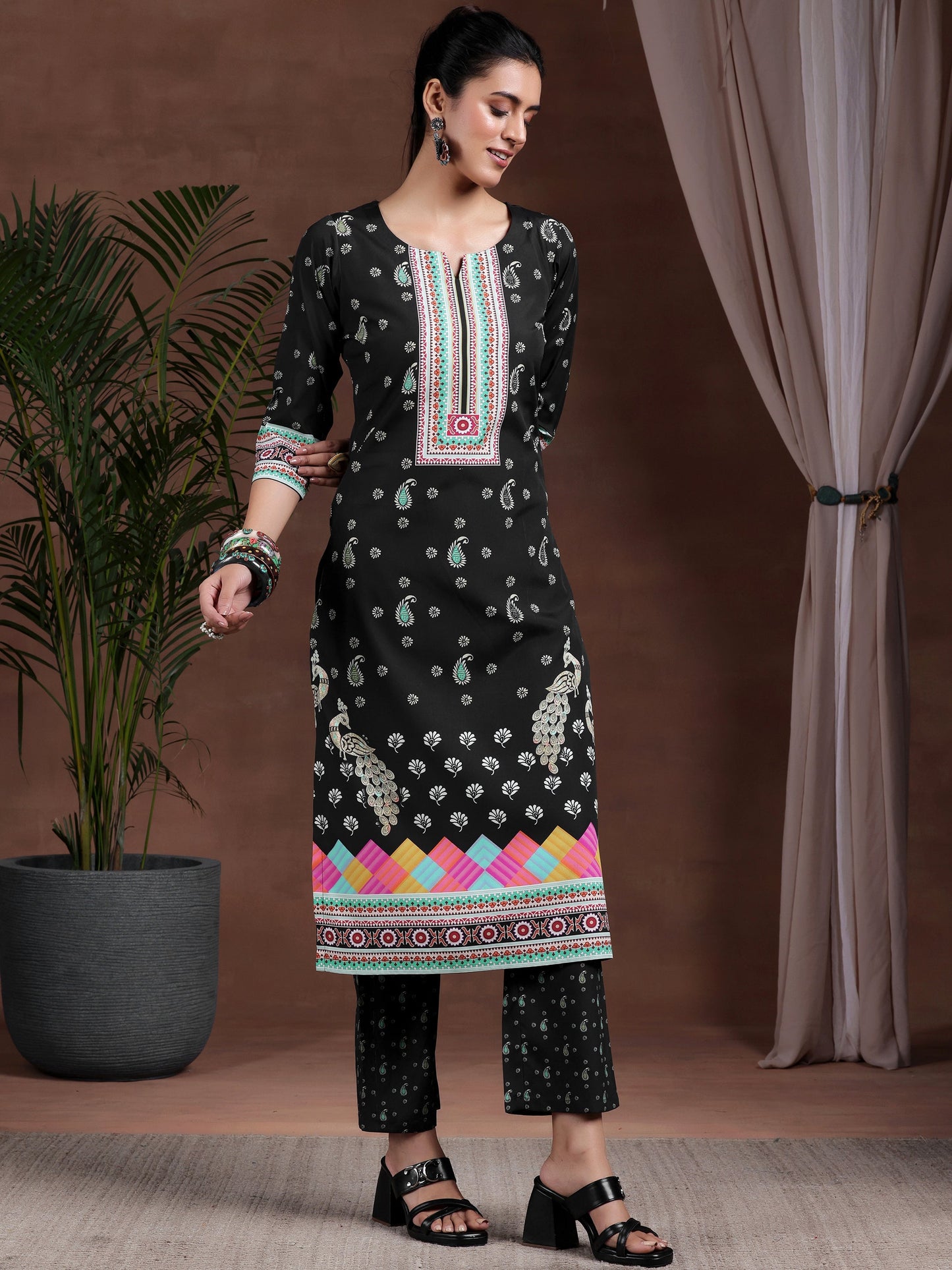 Black Printed Poly Crepe Straight Kurta Set