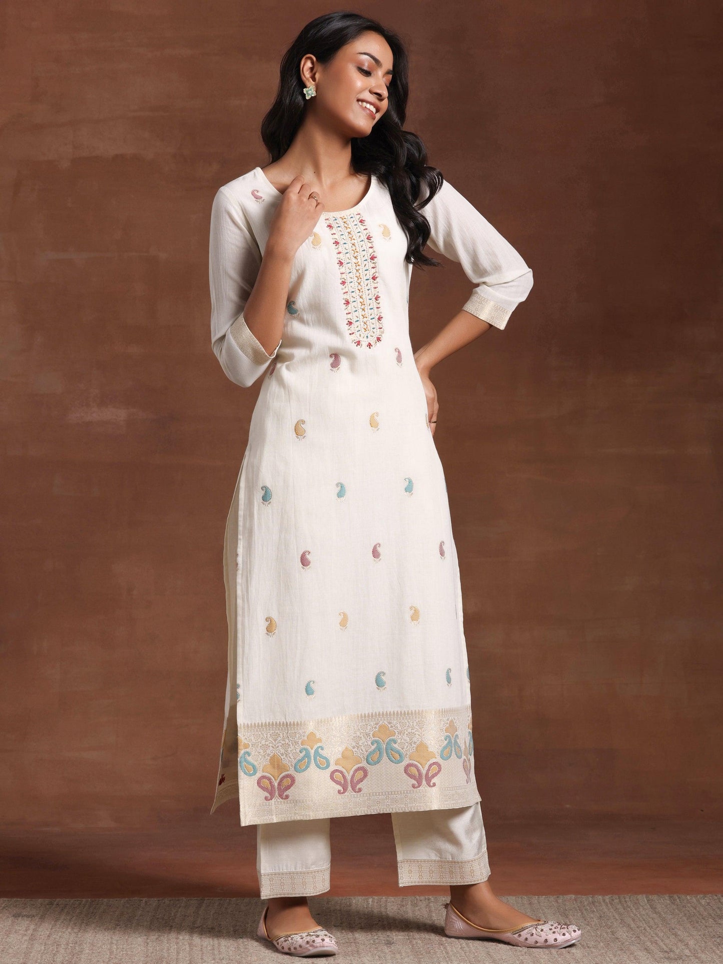 Off White Woven Design Cotton Straight Suit With Dupatta