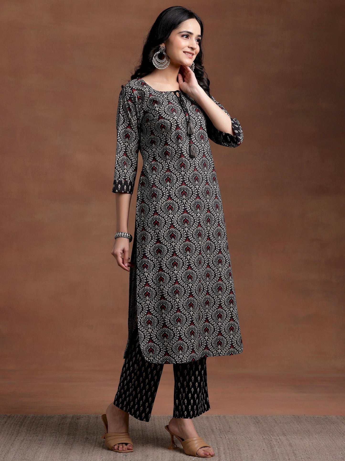 Black Printed Cotton Straight Kurta Set