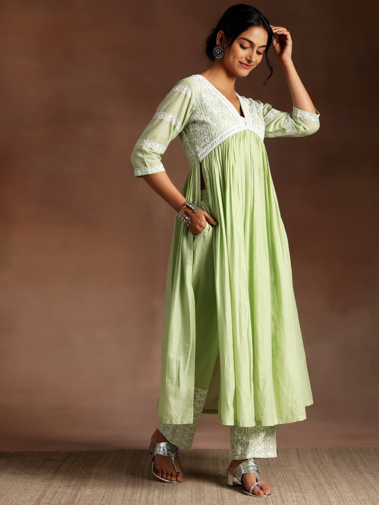 Green Embroidered Cotton A-Line Kurta With Palazzos & Dupatta