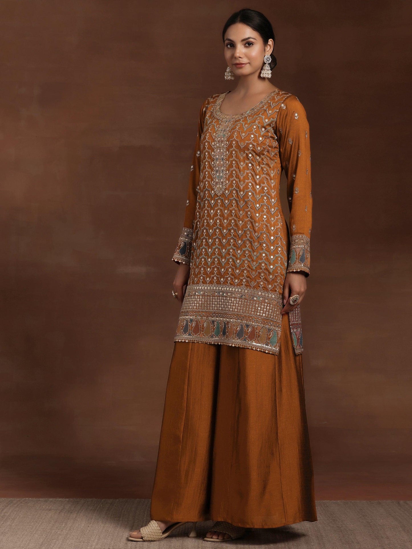 Adaa Rust Embroidered Silk Blend Straight Kurta With Palazzos & Dupatta