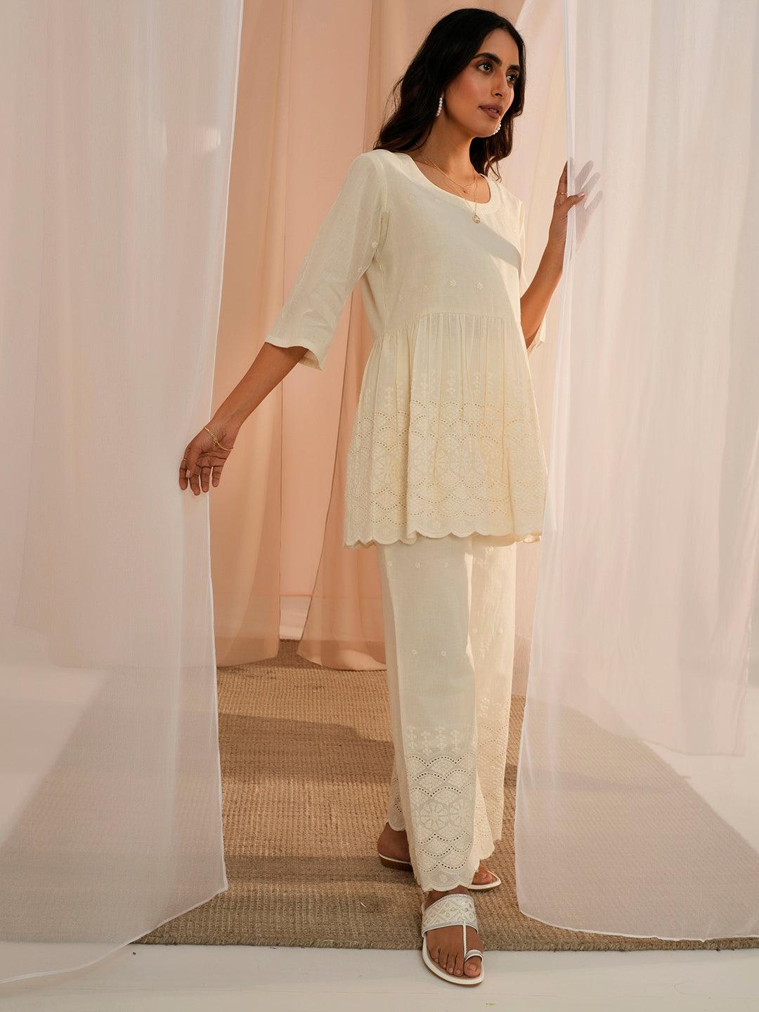 Off White Self Design Cotton Tunic With Palazzos