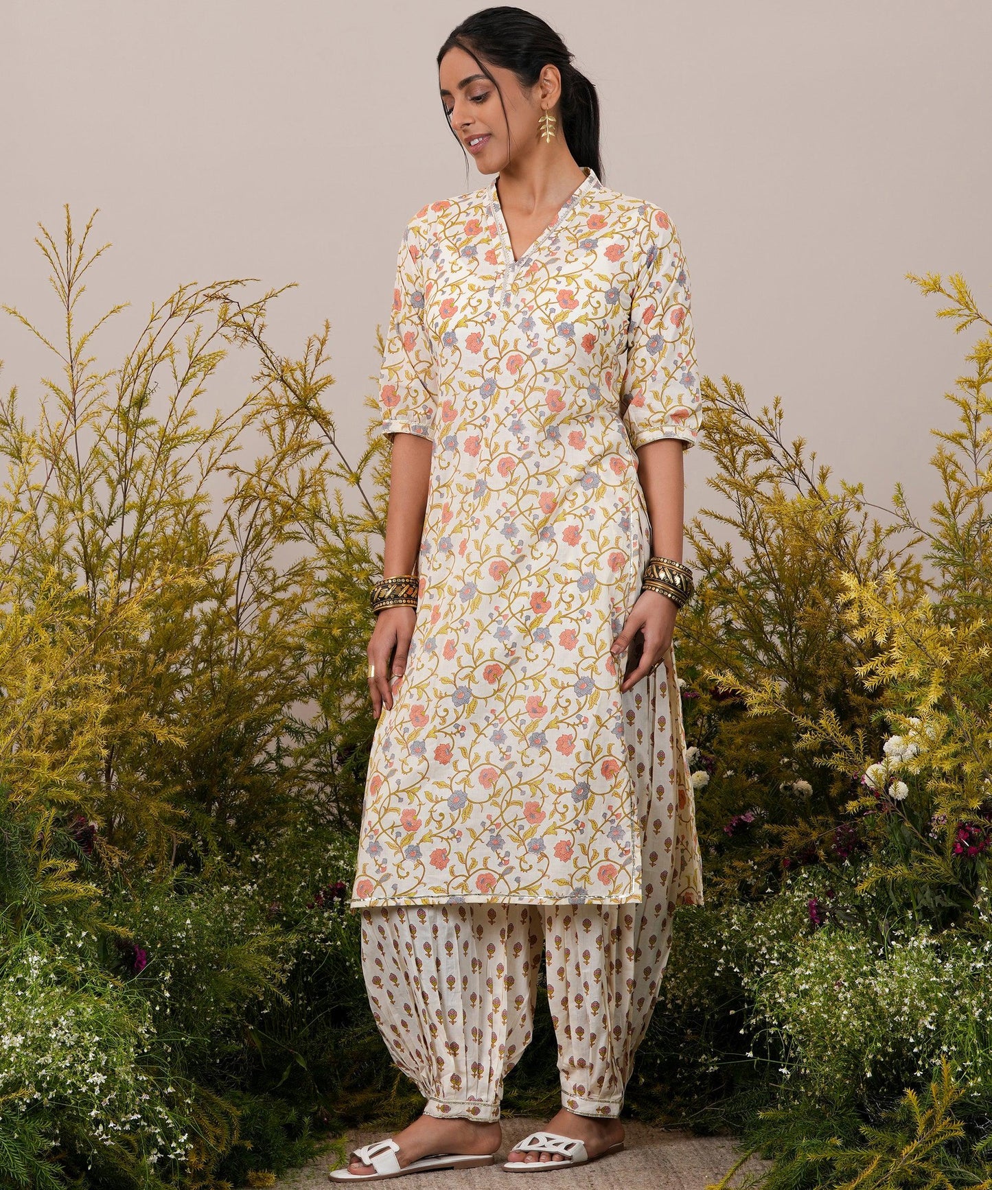 Off White Printed Cotton Straight Suit With Dupatta