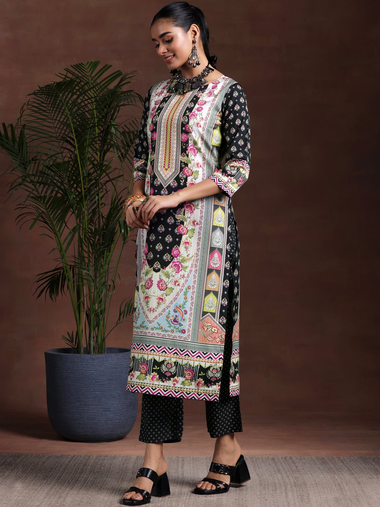 Black Printed Poly Crepe Straight Suit With Dupatta