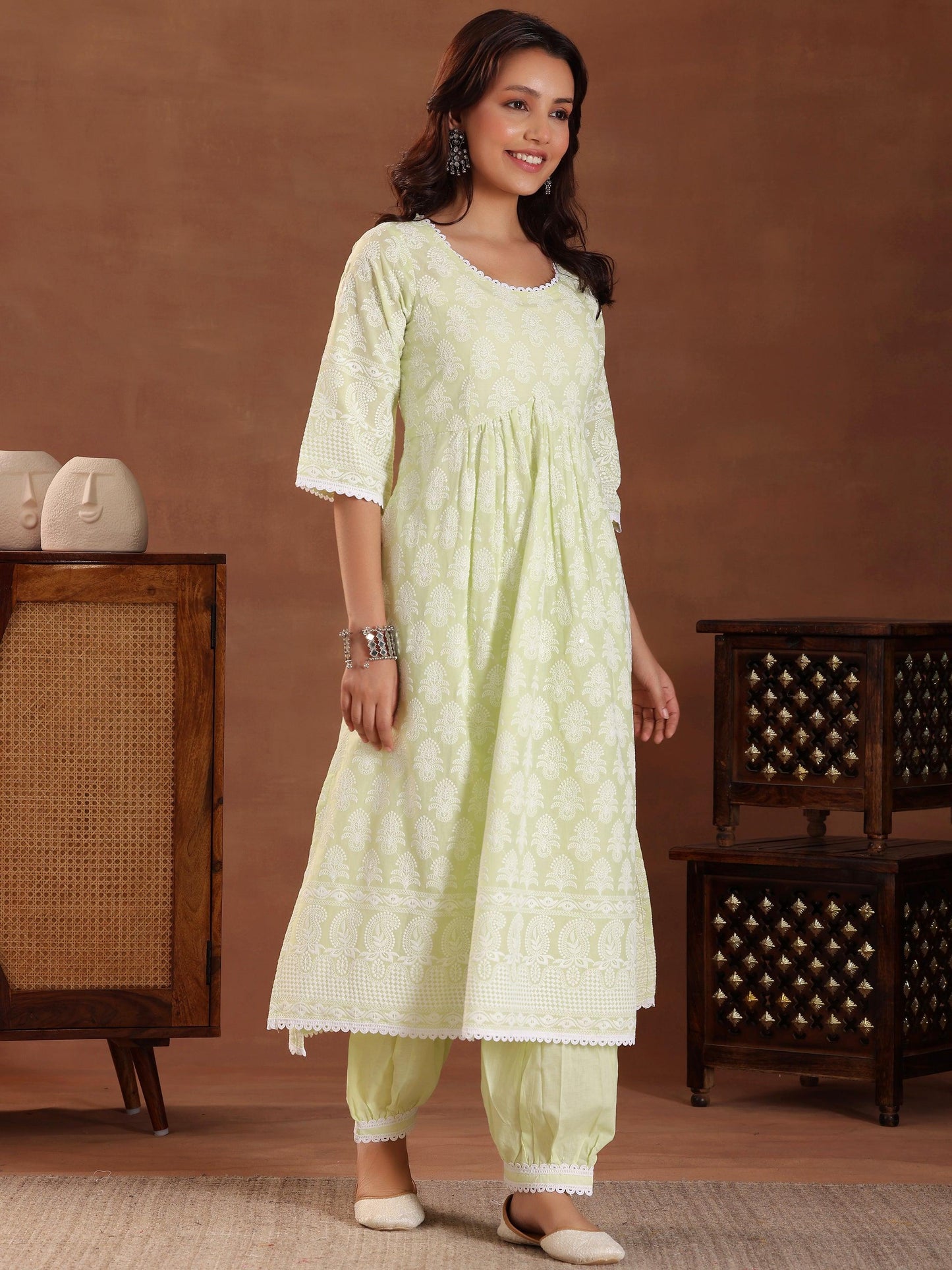 Green Embroidered Pure Cotton A-Line Kurta With Sharara & Dupatta