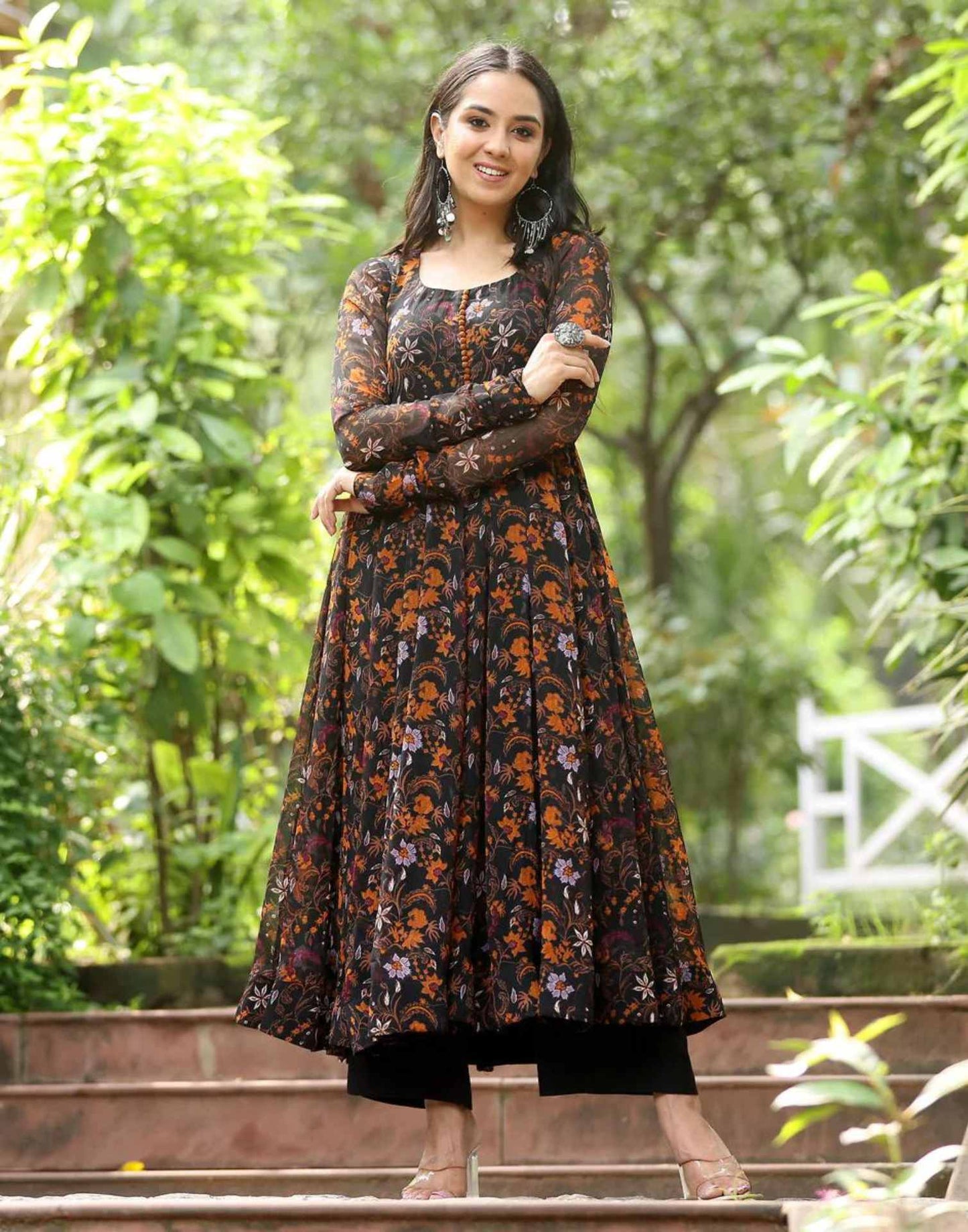 Black Printed Georgette Ethnic Dress