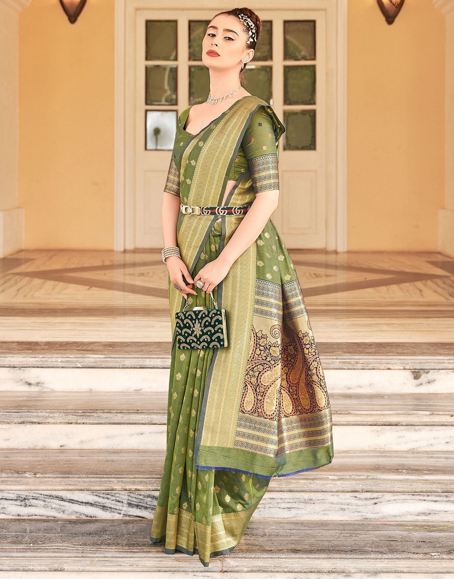 Olive Green Silk Banarasi Saree