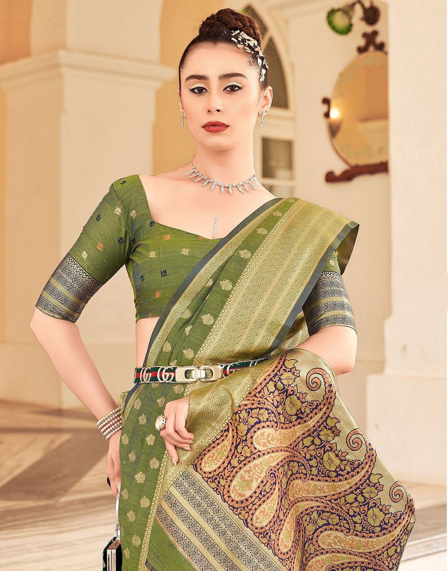 Olive Green Silk Banarasi Saree