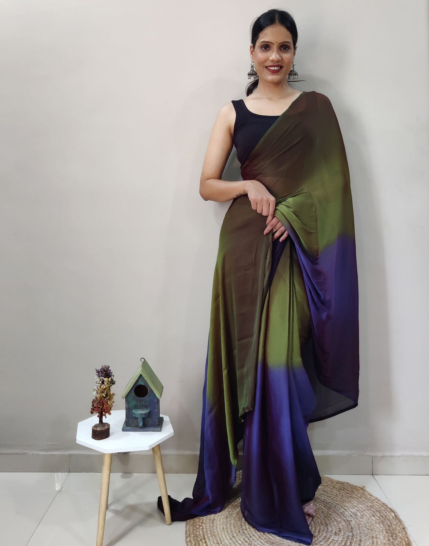 Green Chiffon Pre-draped Saree