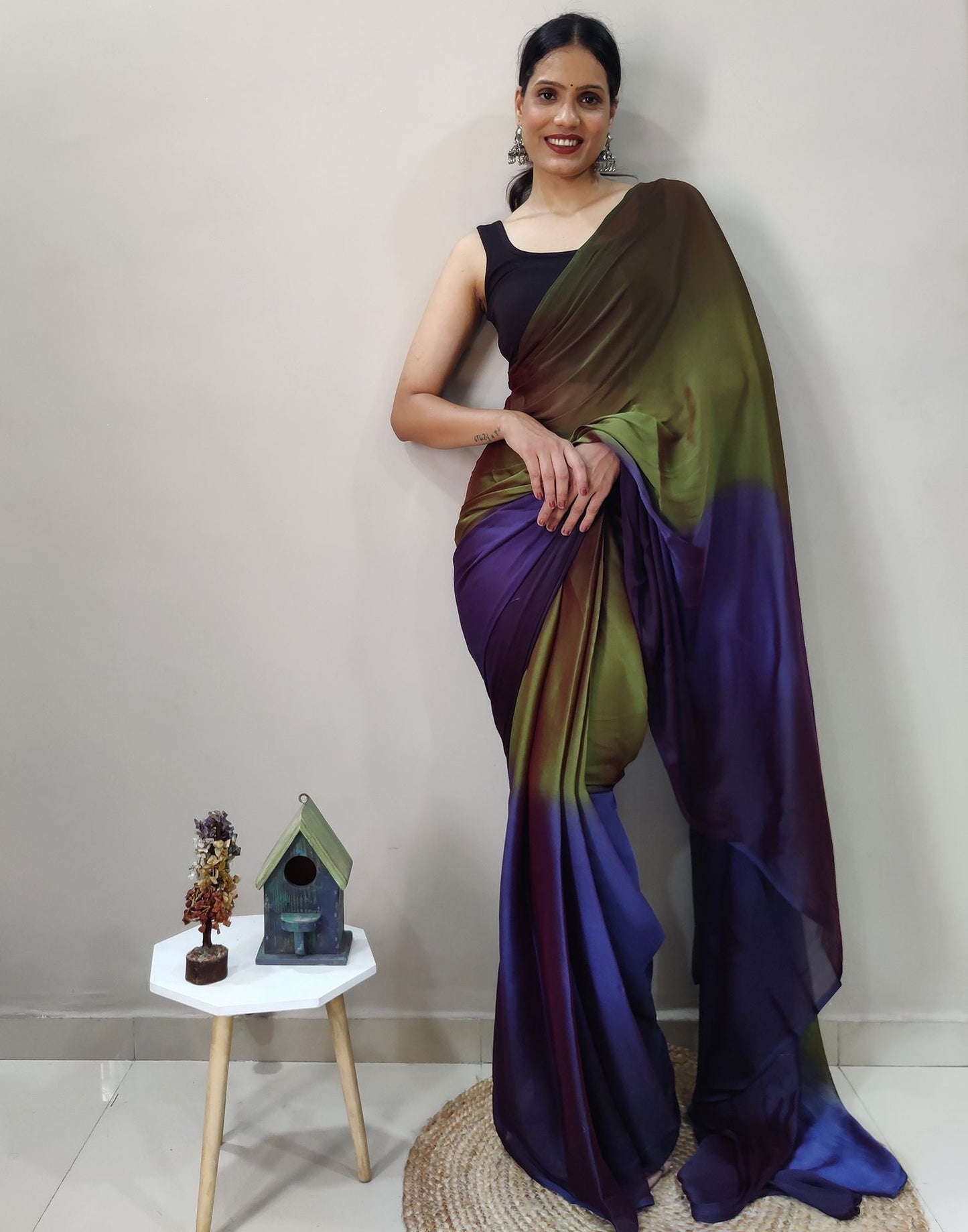 Green Chiffon Pre-draped Saree