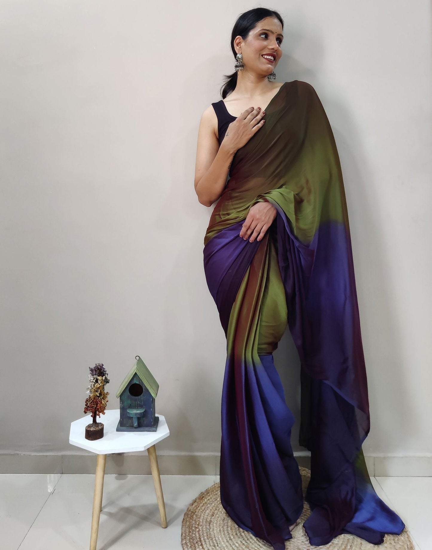 Green Chiffon Pre-draped Saree