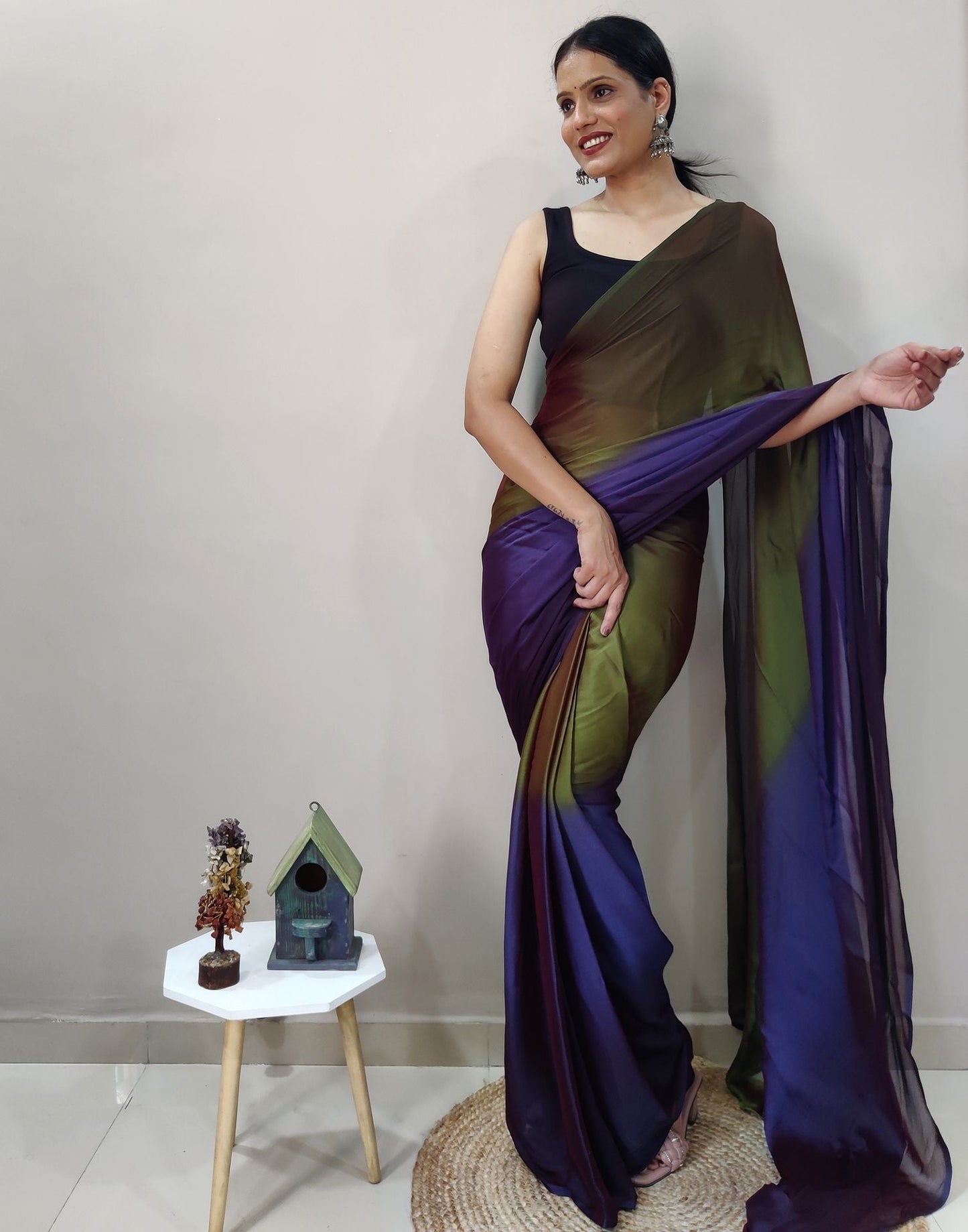 Green Chiffon Pre-draped Saree