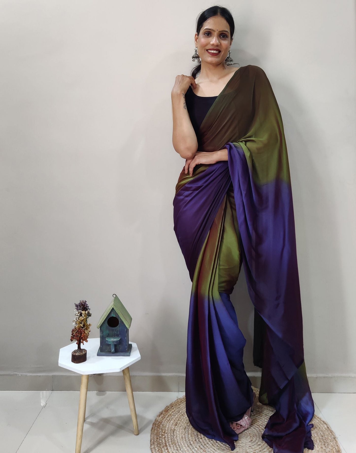 Green Chiffon Pre-draped Saree