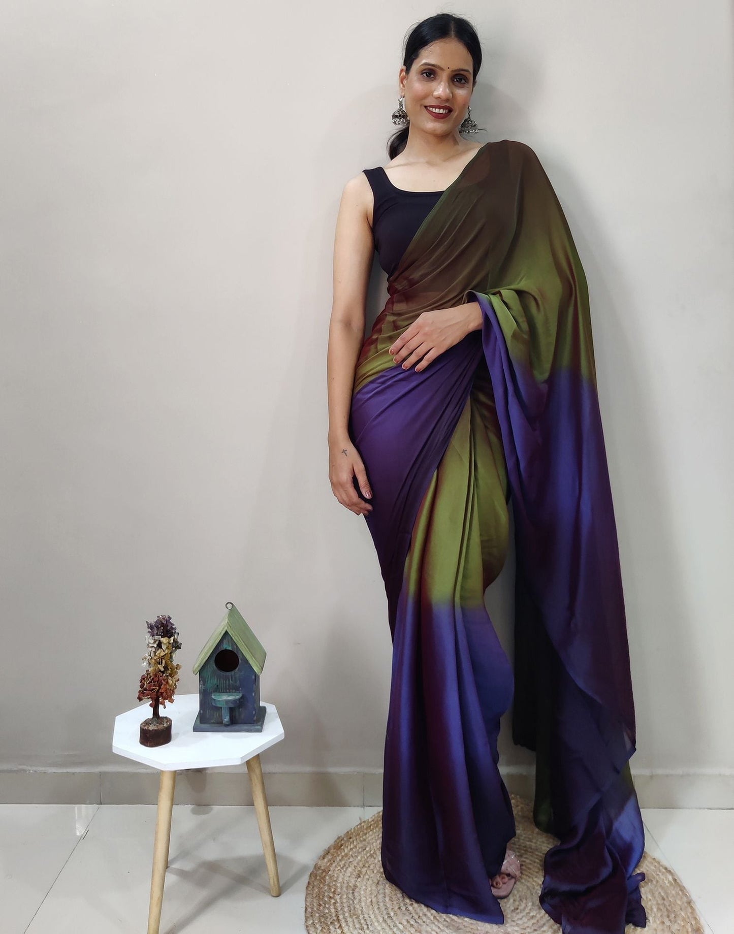 Green Chiffon Pre-draped Saree