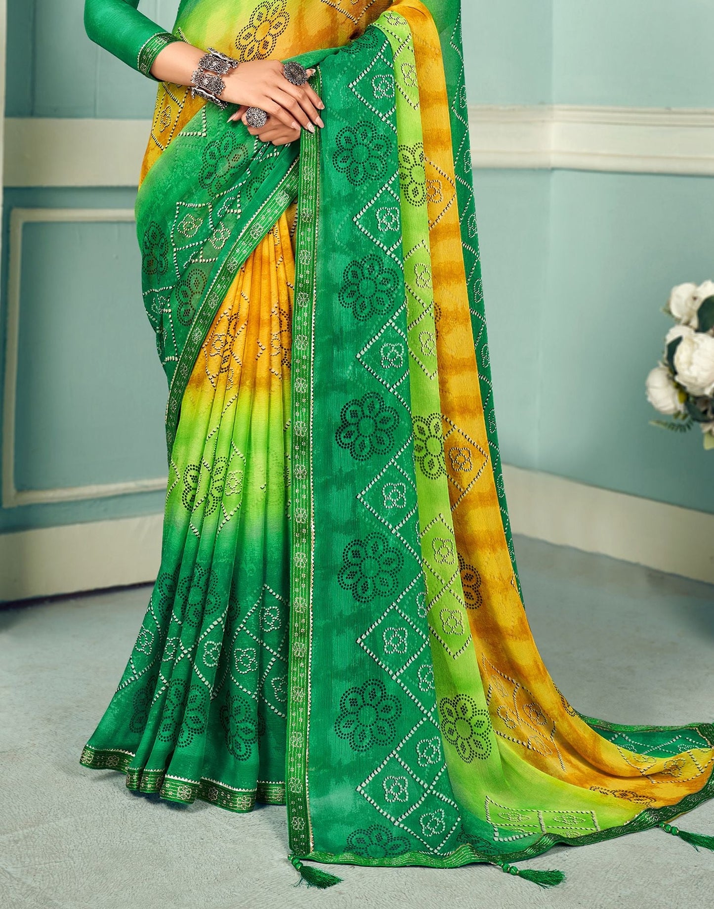 Green Bandhani Saree