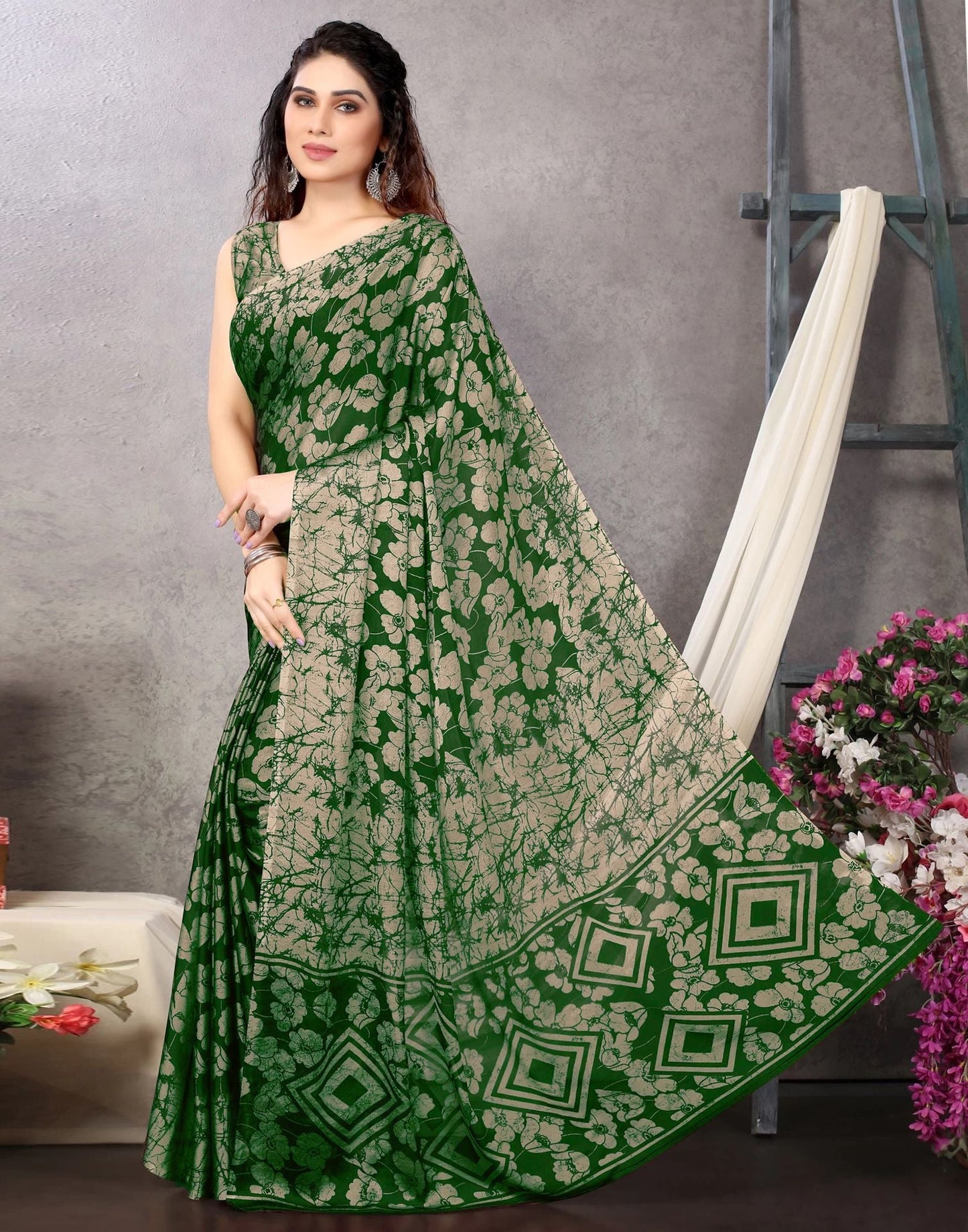 Green Chiffon Printed Saree