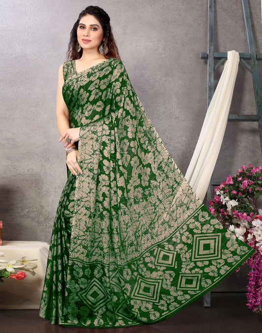 Green Chiffon Printed Saree