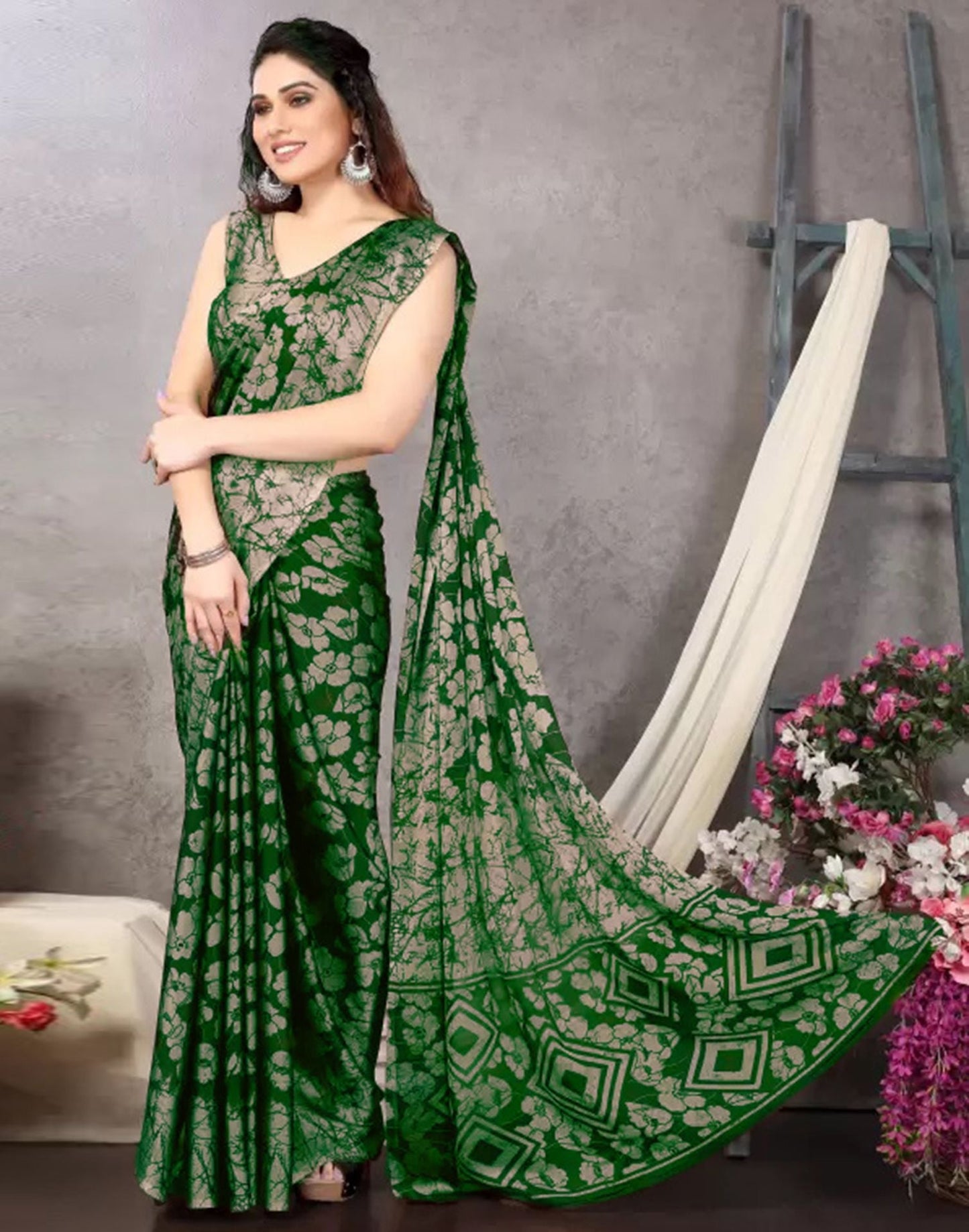 Green Chiffon Printed Saree