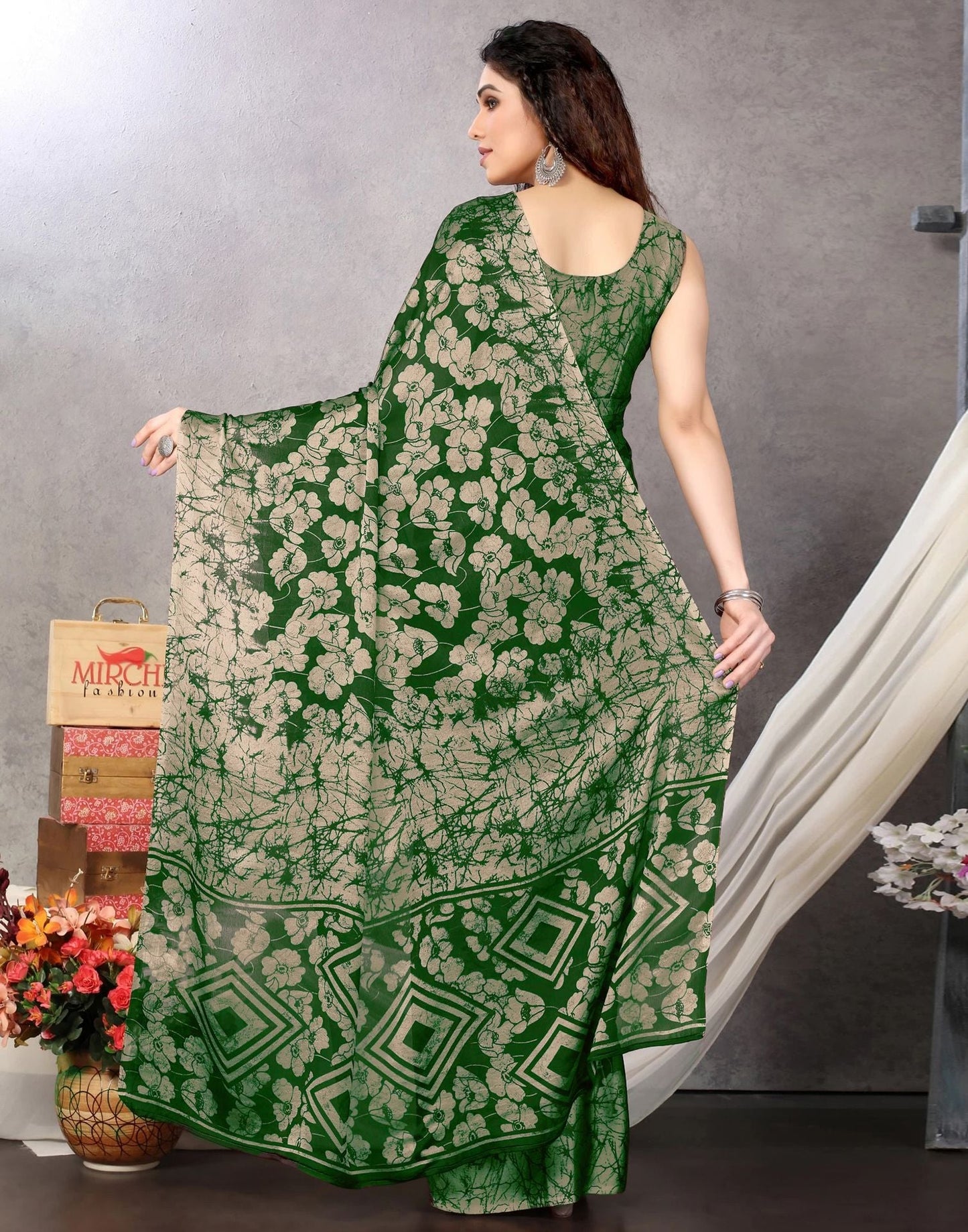 Green Chiffon Printed Saree