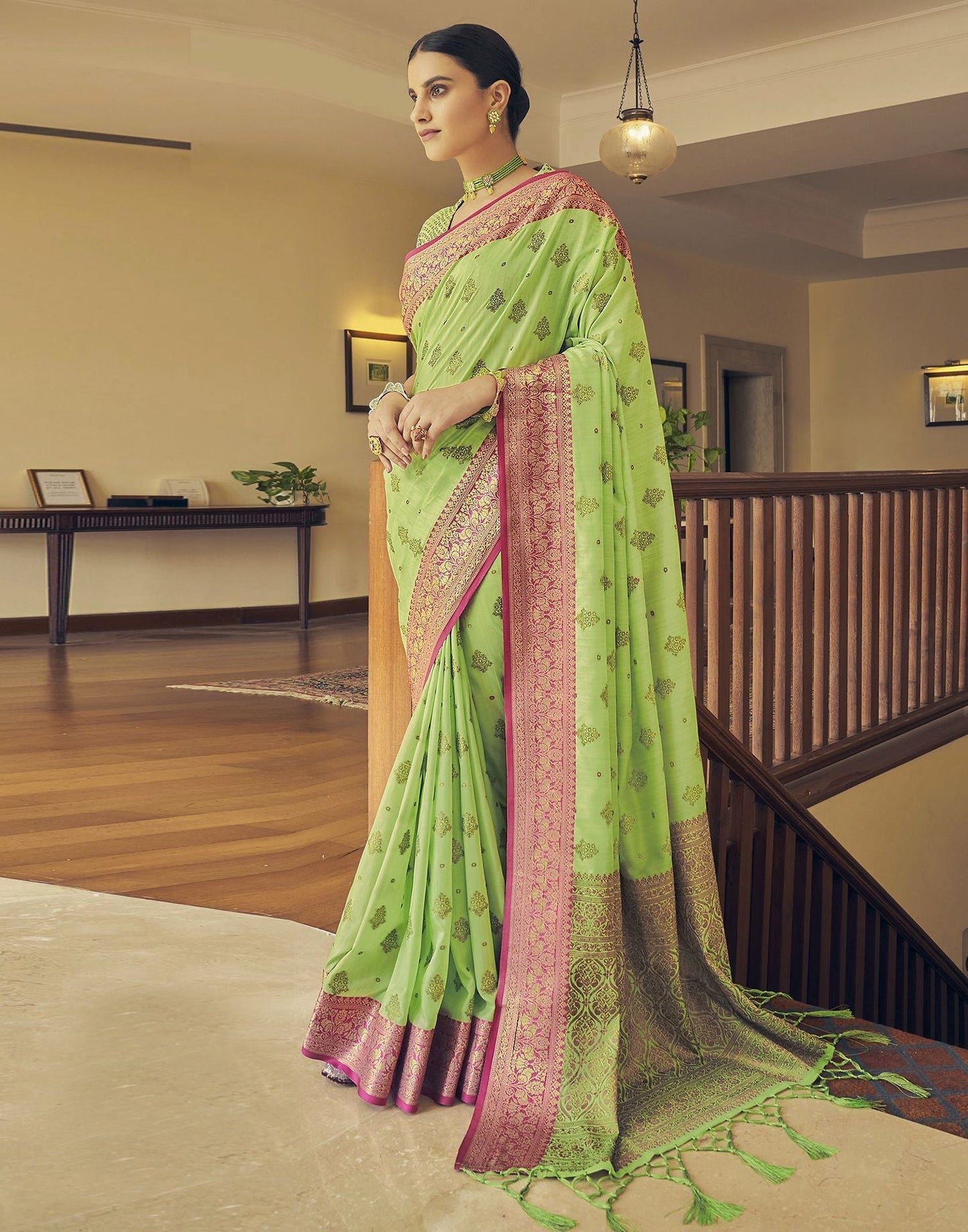 Parrot Green Silk Banarasi Saree