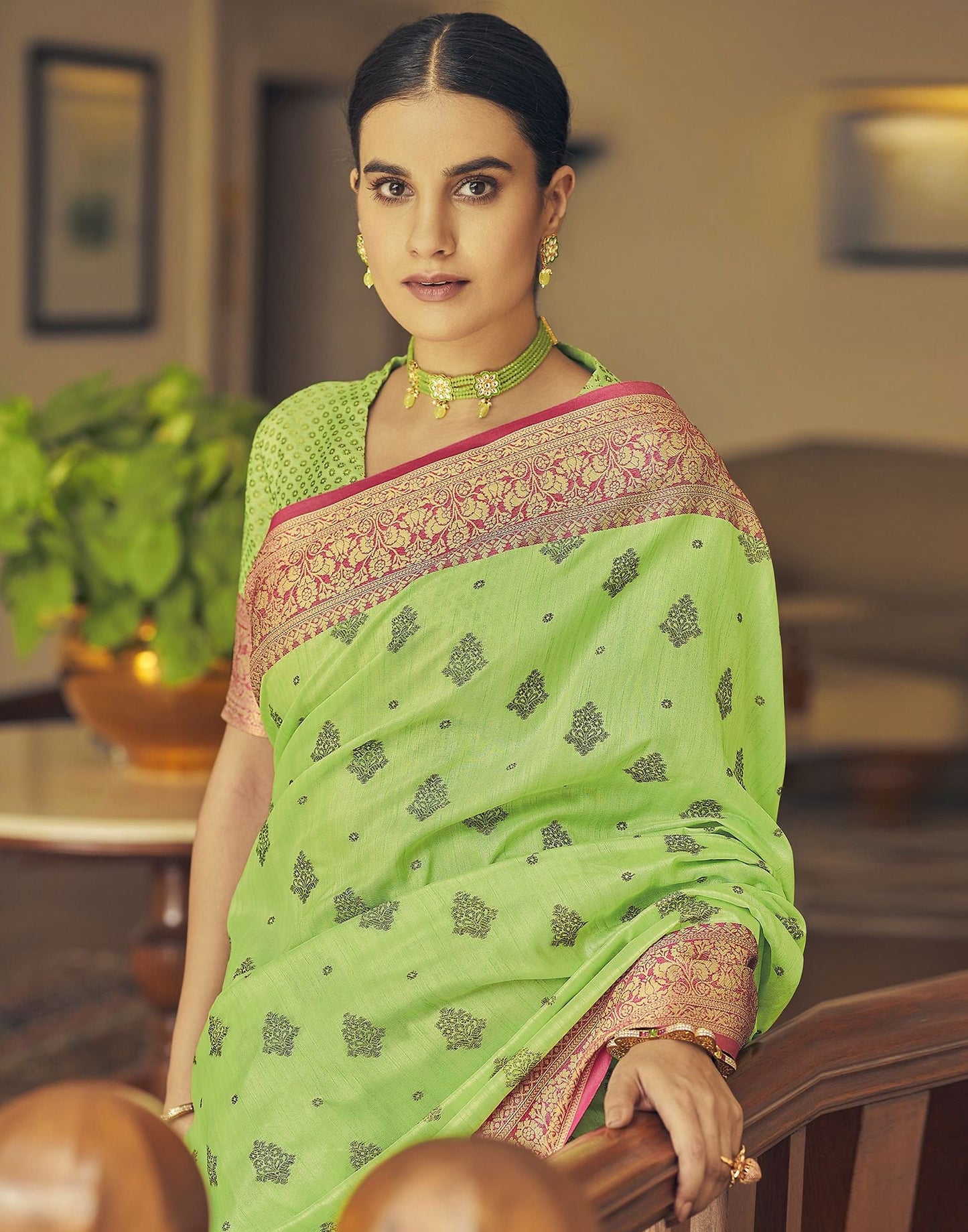 Parrot Green Silk Banarasi Saree