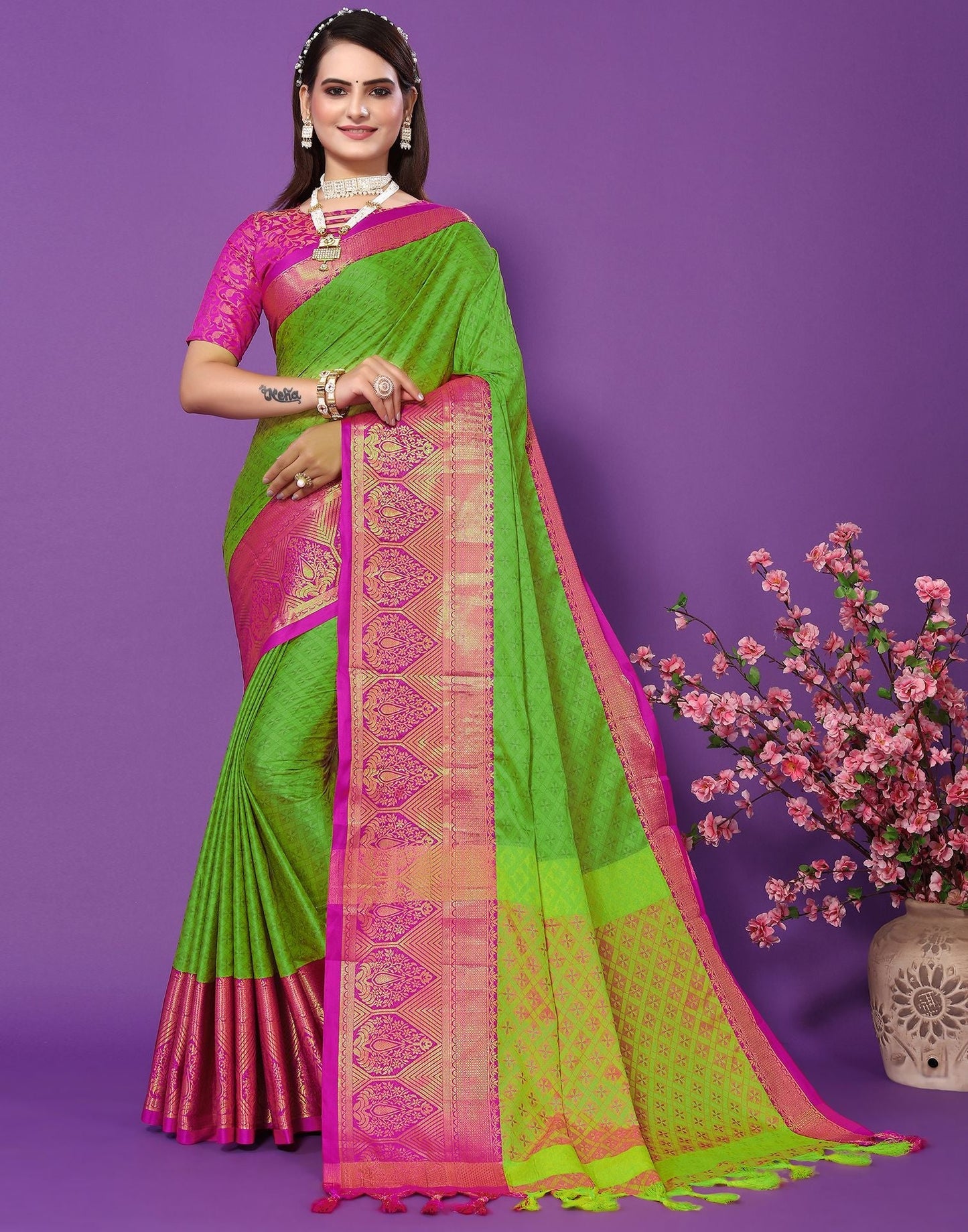 Parrot Green Cotton Saree