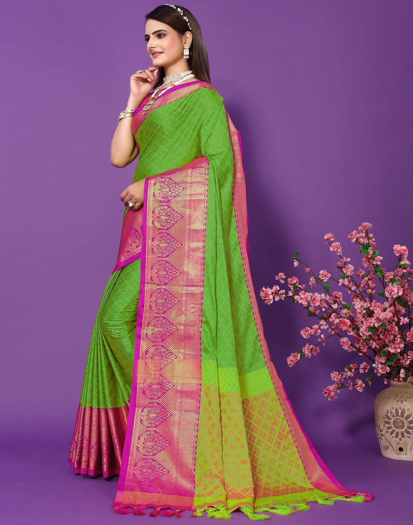 Parrot Green Cotton Saree