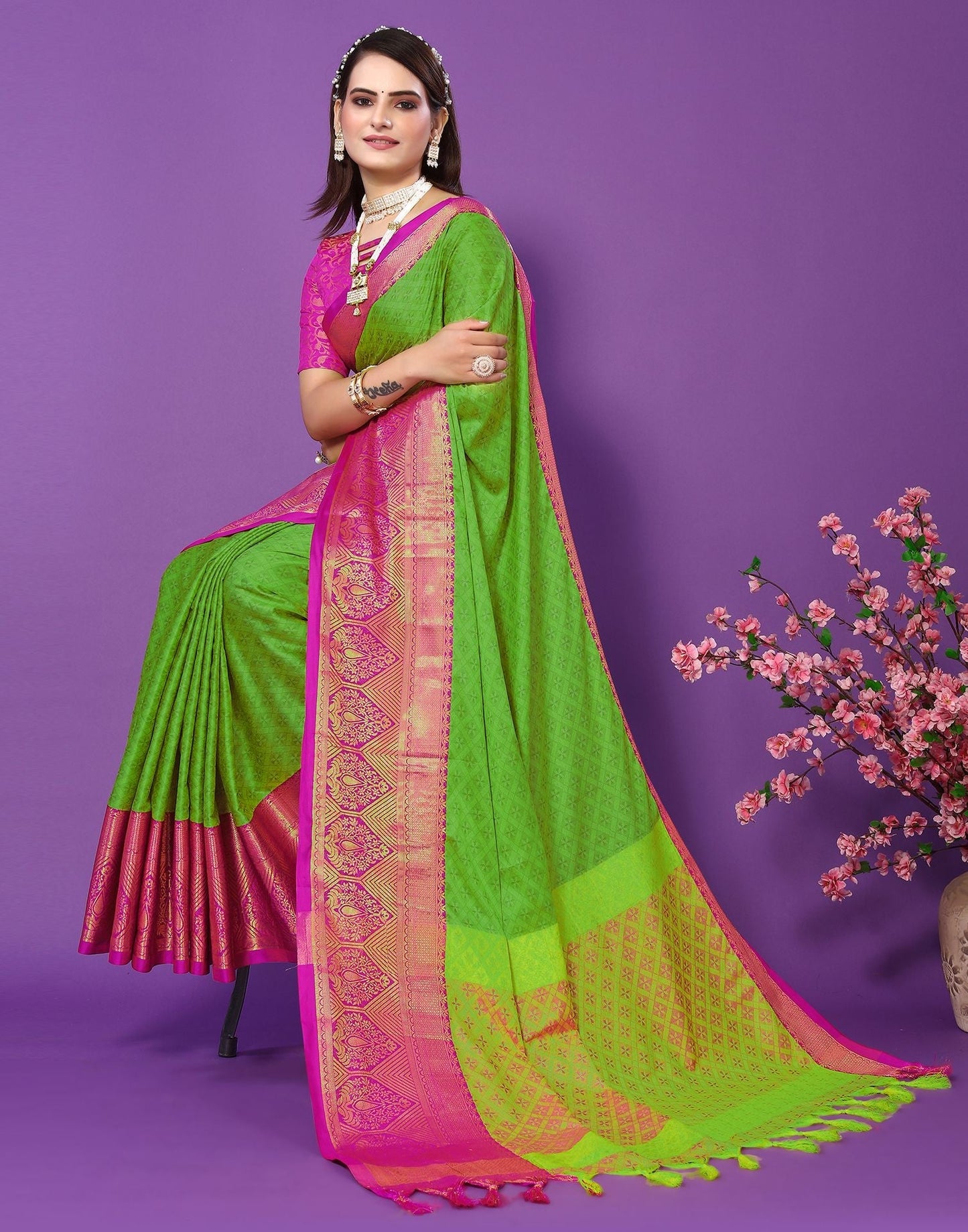 Parrot Green Cotton Saree