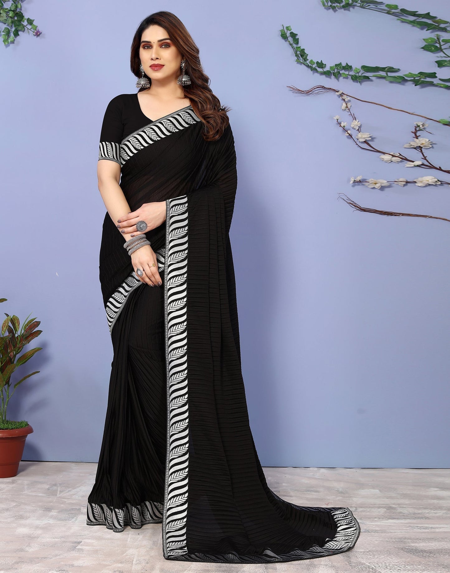 Black Lycra Plain Saree