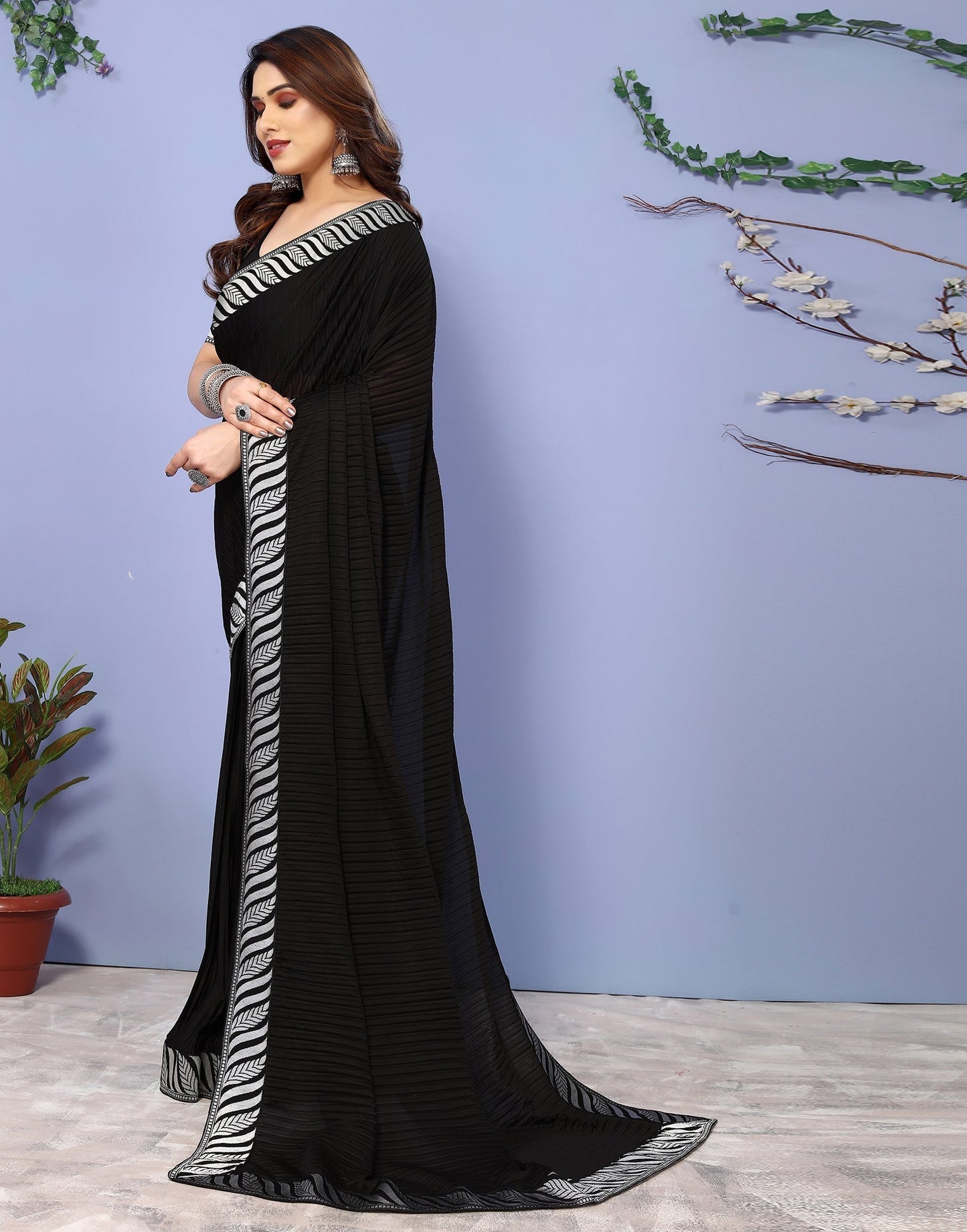 Black Lycra Plain Saree