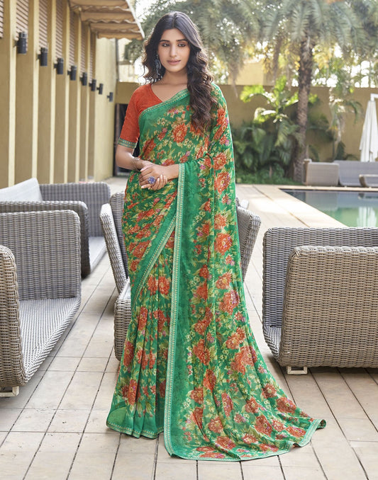 Green Floral Printed Georgette Saree