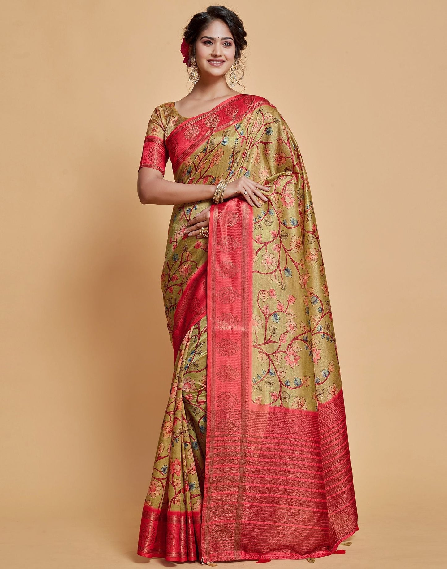 Parrot Green Floral Printed Viscose Silk Saree