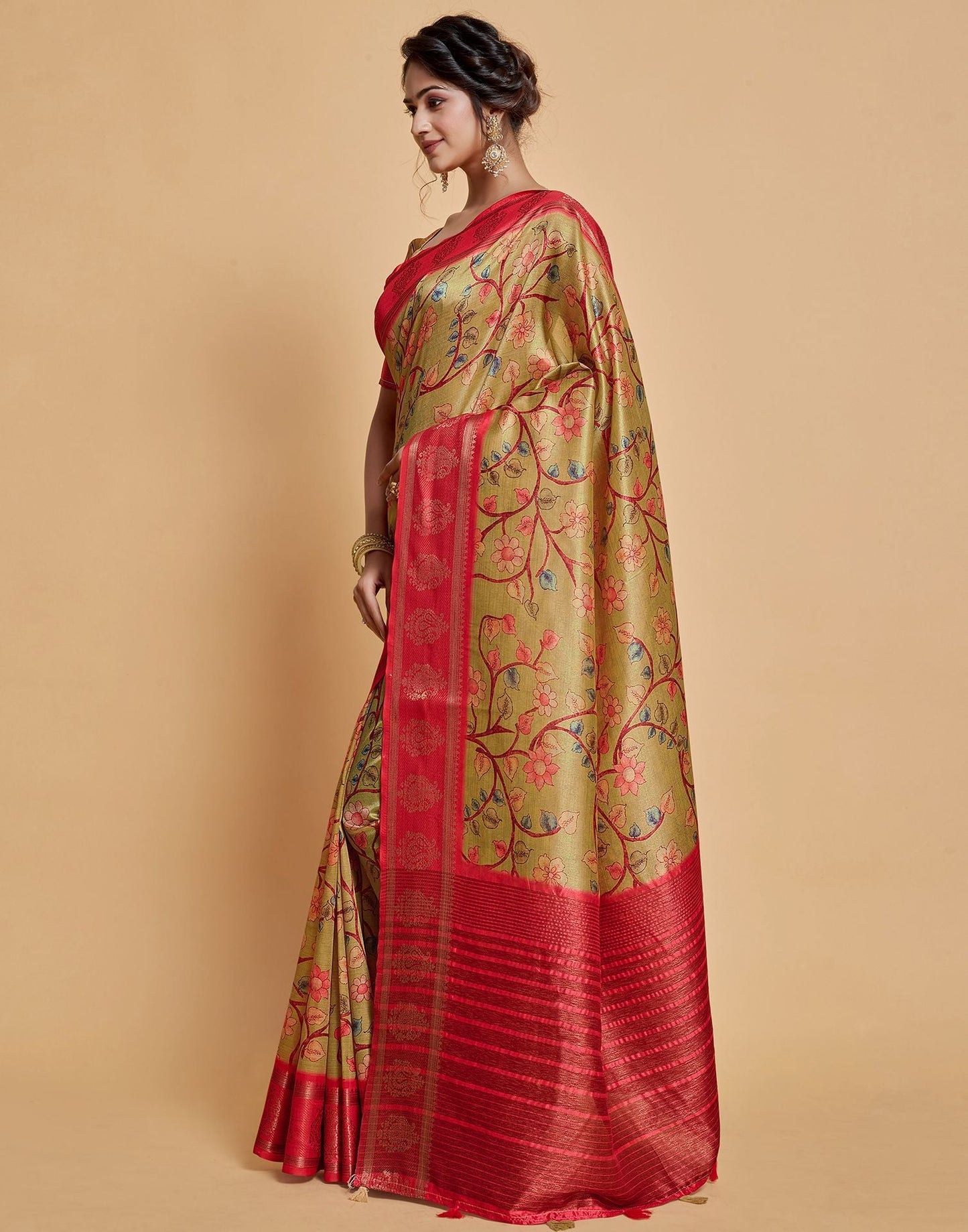 Parrot Green Floral Printed Viscose Silk Saree